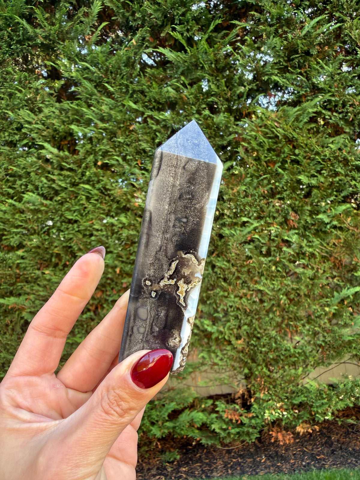 Owyhee Blue Opal Tower β’ Moss Agate Inclusions, Calming Crystal Point