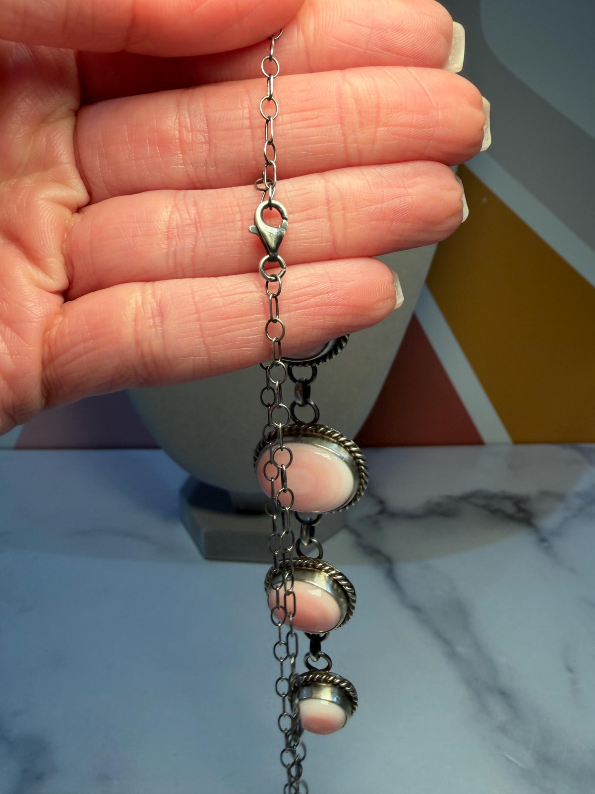 Pink Conch Five Stone Necklace, Sterling Silver, Native Made Stamped B. Lee