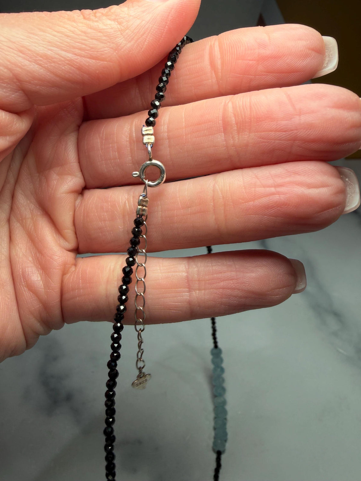 Faceted Black Spinel Aquamarine Sterling Silver Necklace (16 Inch + 2 Inch Extender)