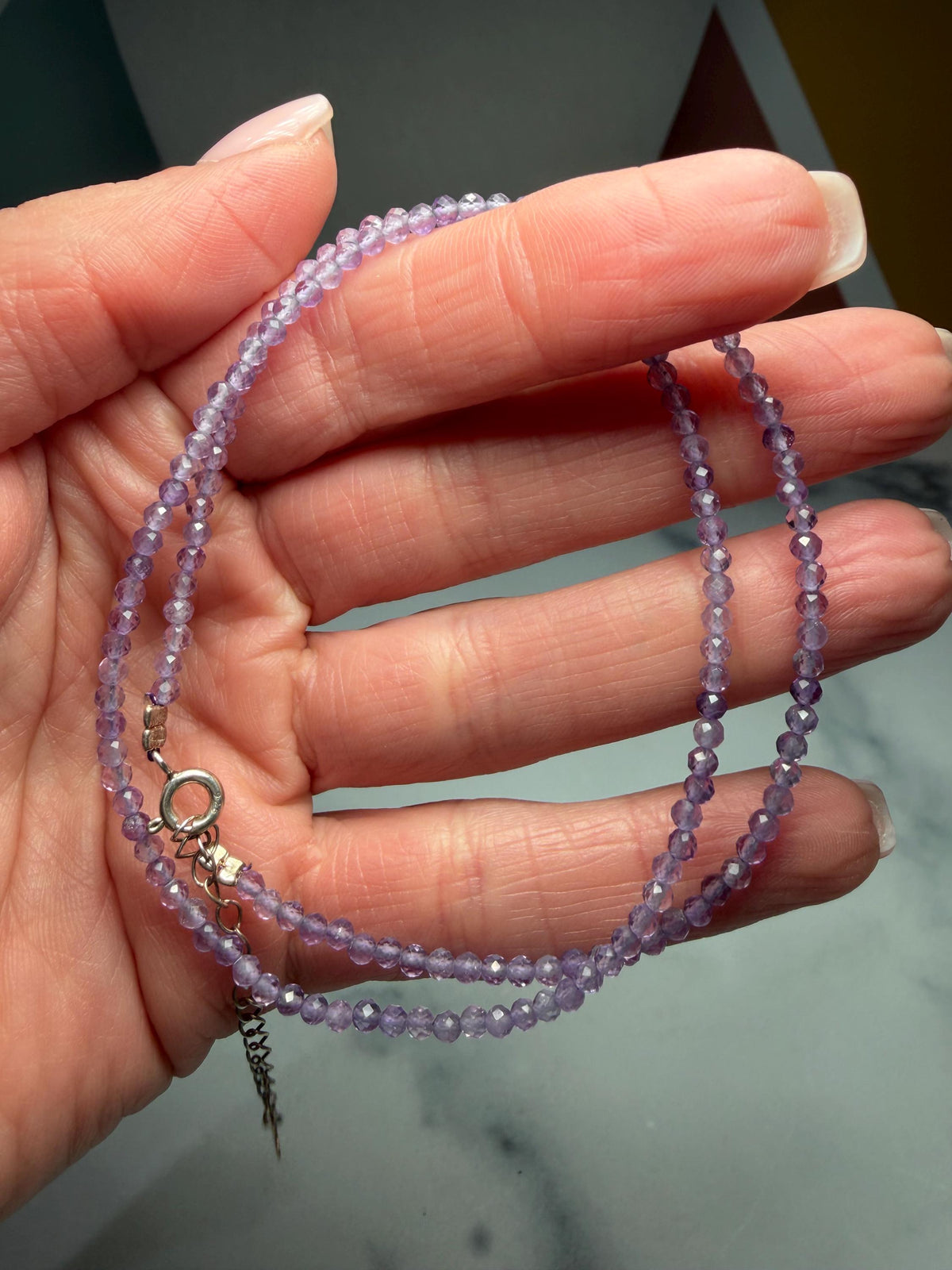 Faceted Amethyst Beaded Necklace, 925 Sterling Silver, Dainty Purple Gemstone, Adjustable Chain
