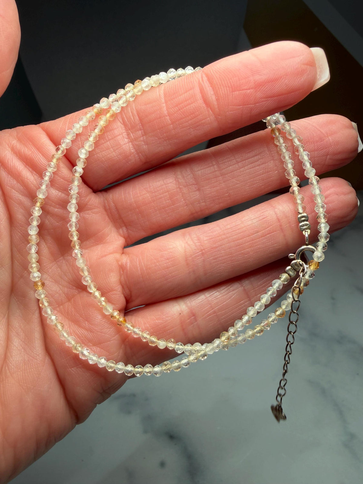 Faceted Citrine Beaded Necklace, 925 Sterling Silver, Dainty Yellow Gemstone, 16 Inch Chain