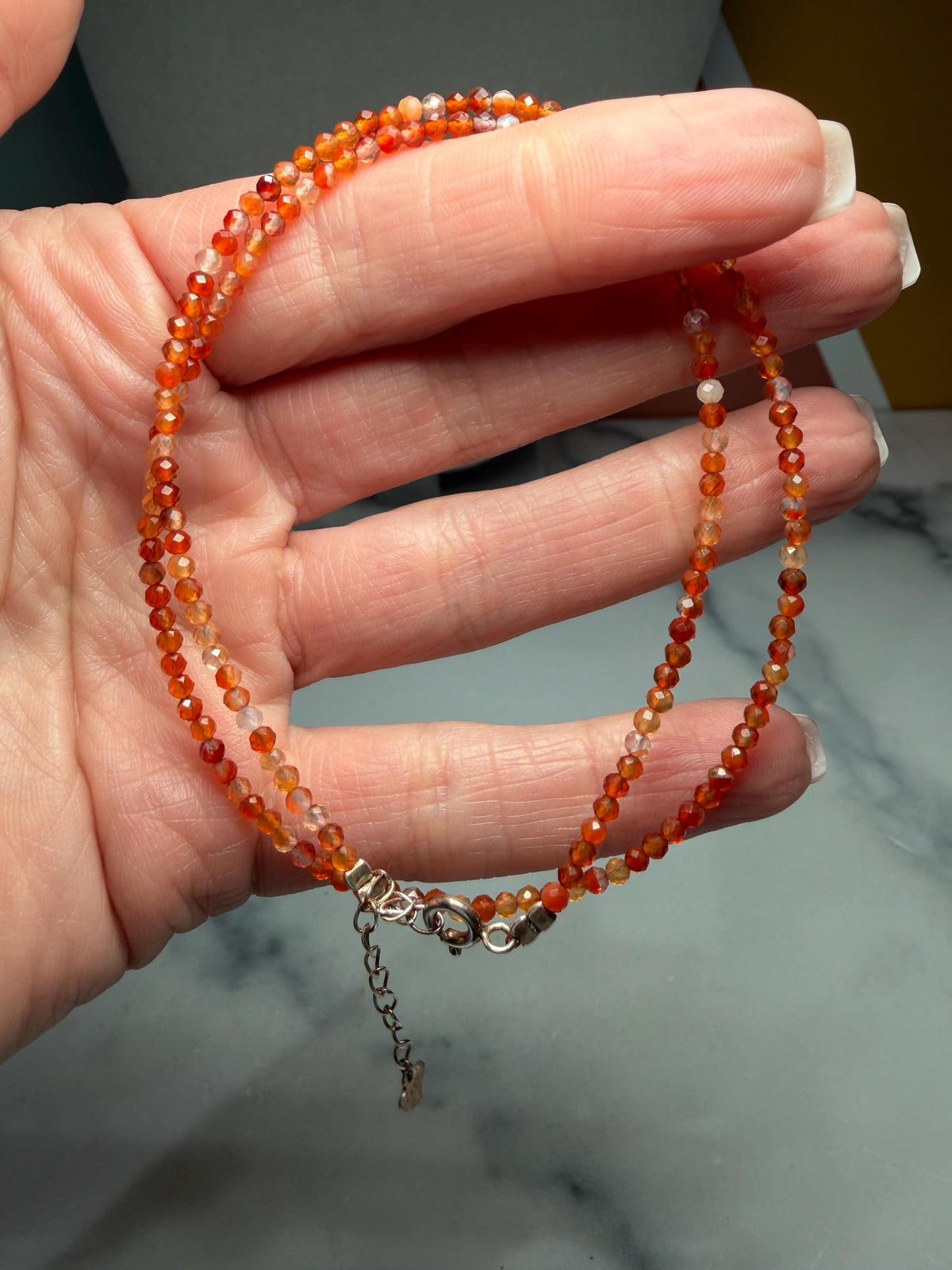 Faceted Carnelian Beaded Necklace, Sterling Silver Chain, Dainty Gemstone, 16 Inch (2 Inch Extender)