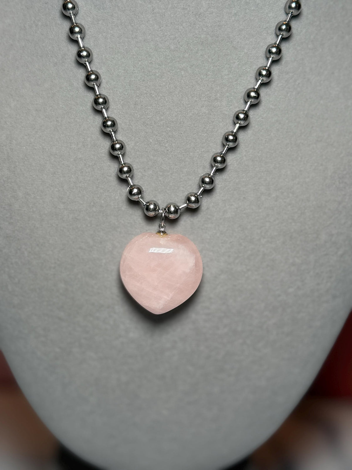 Rose Quartz Heart Pendant Necklace, Sterling Silver Ball Chain, 17 Inch Length