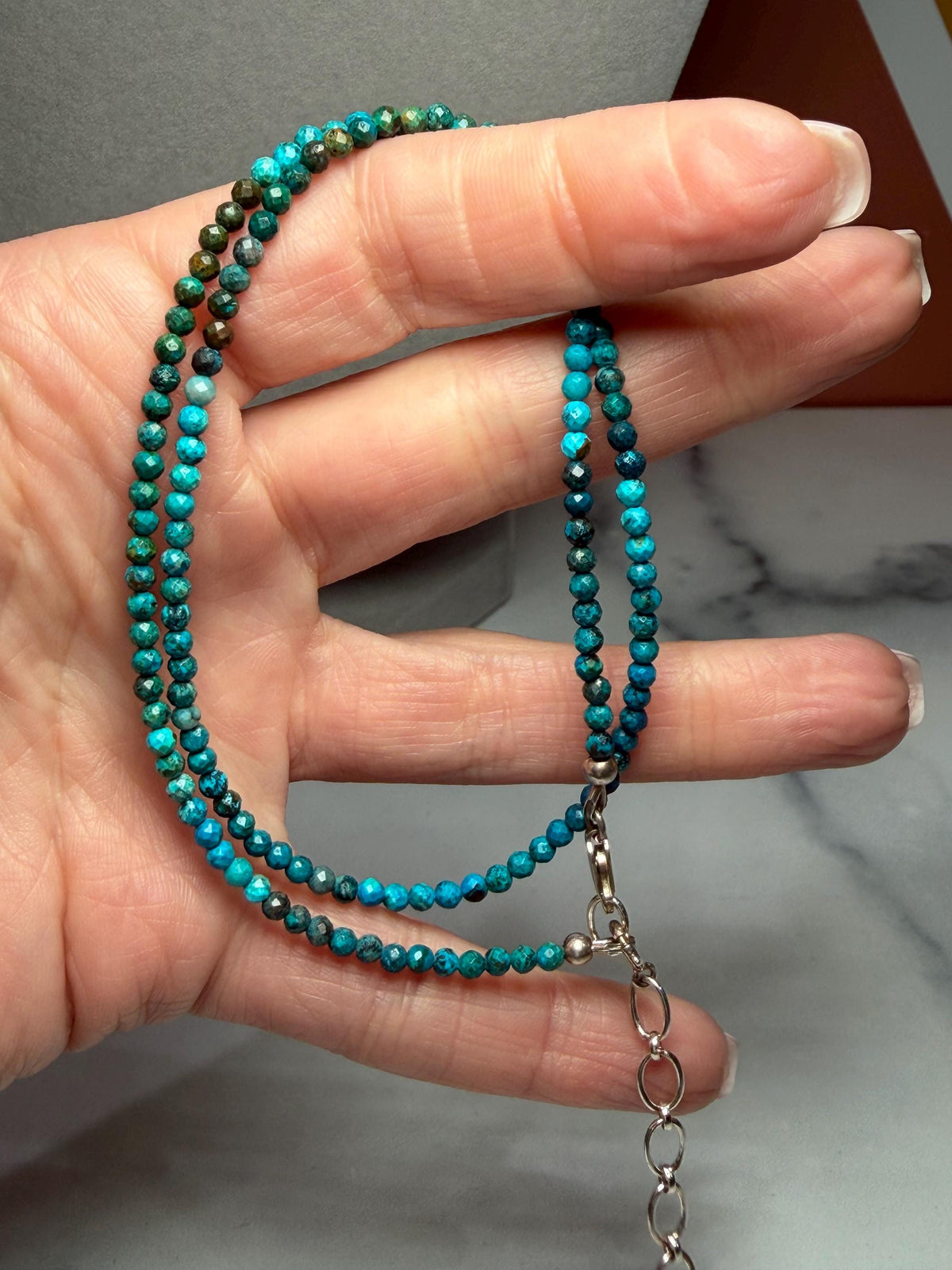 Faceted Chrysocolla Beaded Necklace, Sterling Silver Chain, Blue Green, 17 Inch (2 Inch Extender)