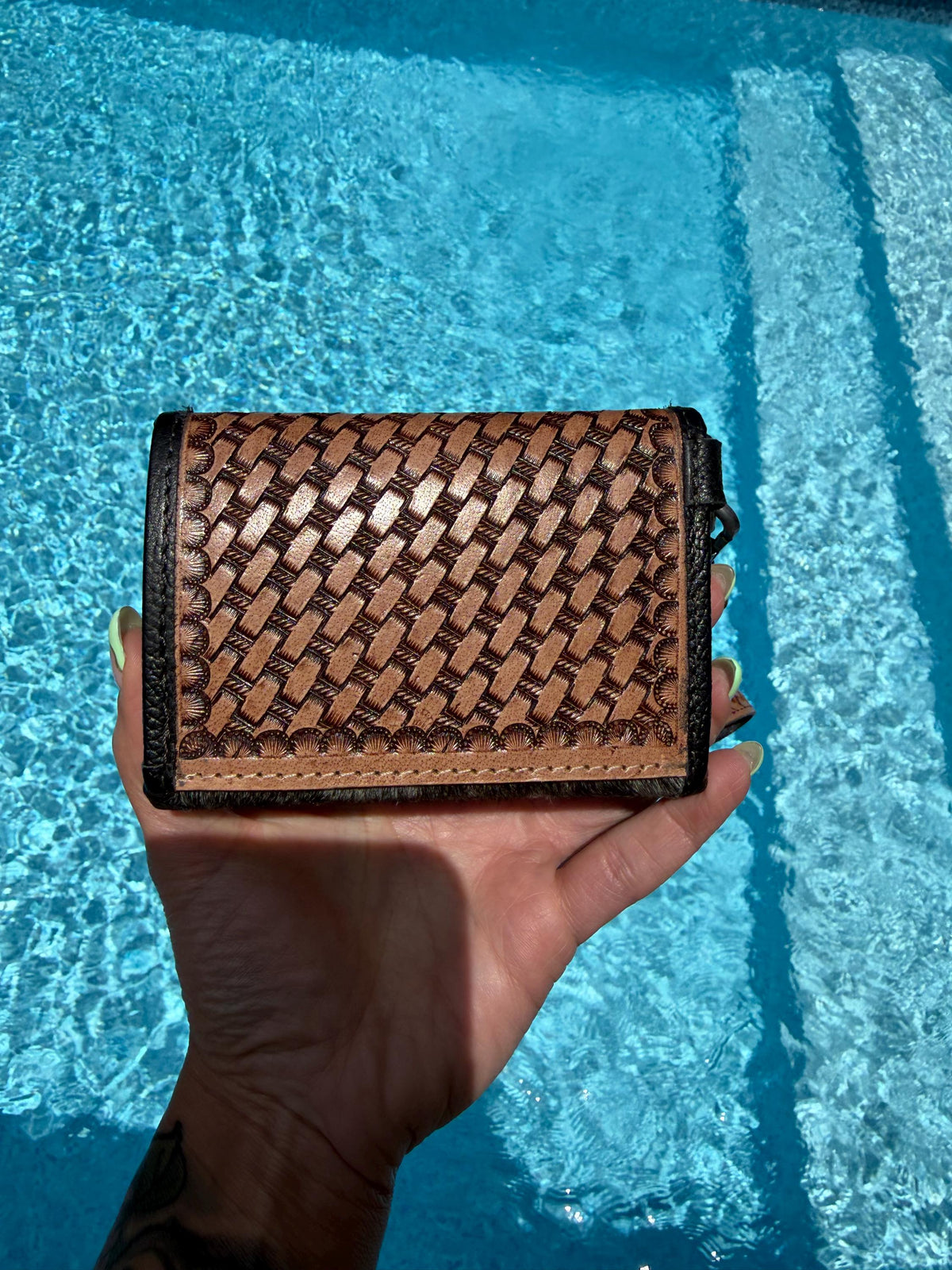 Hand-Tooled Brown Leather Hide Accordion Card Case | Snap Closure Wallet with Wrist Strap
