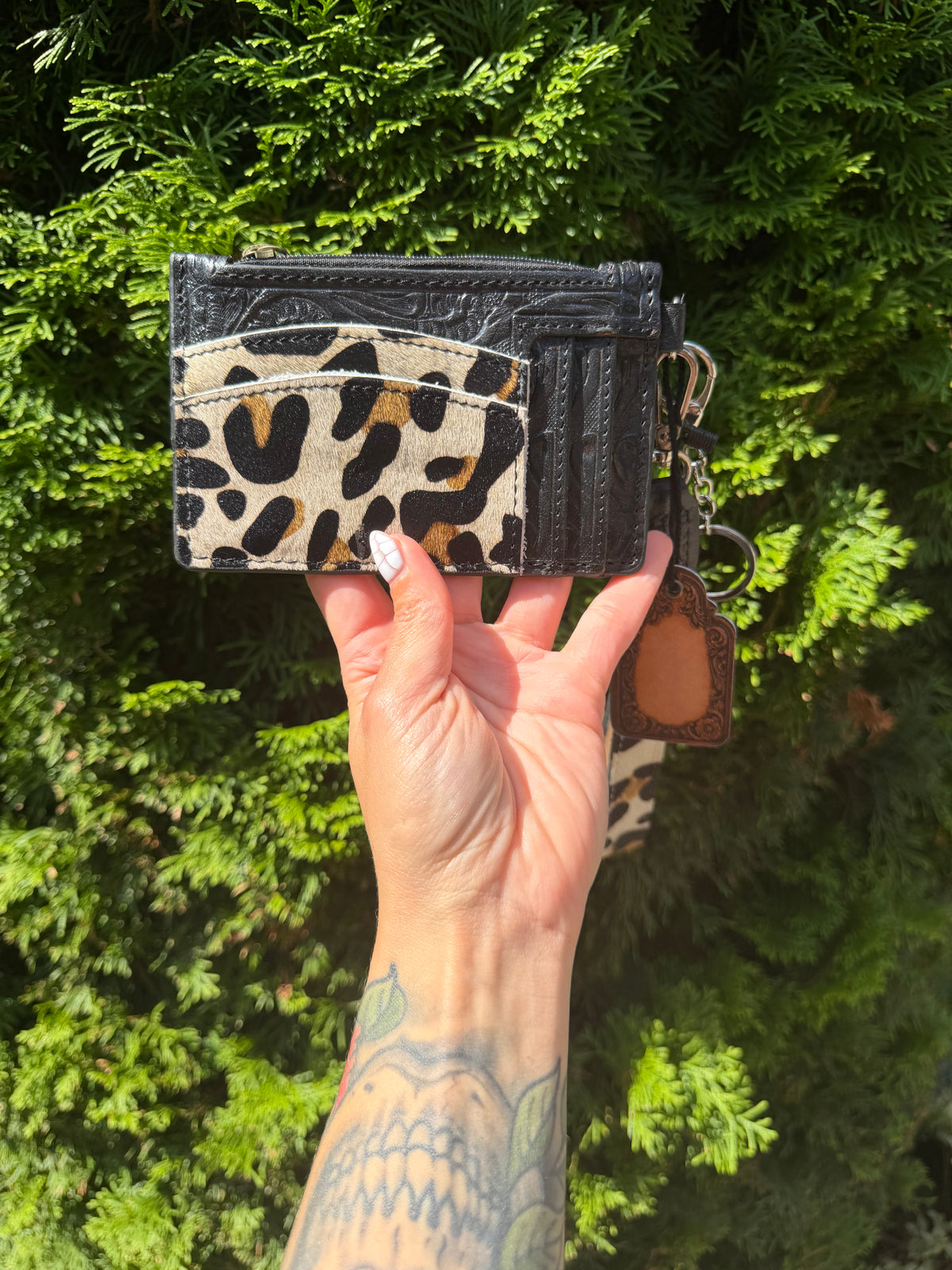 Leopard Cowhide & Tooled Leather Wristlet Wallet