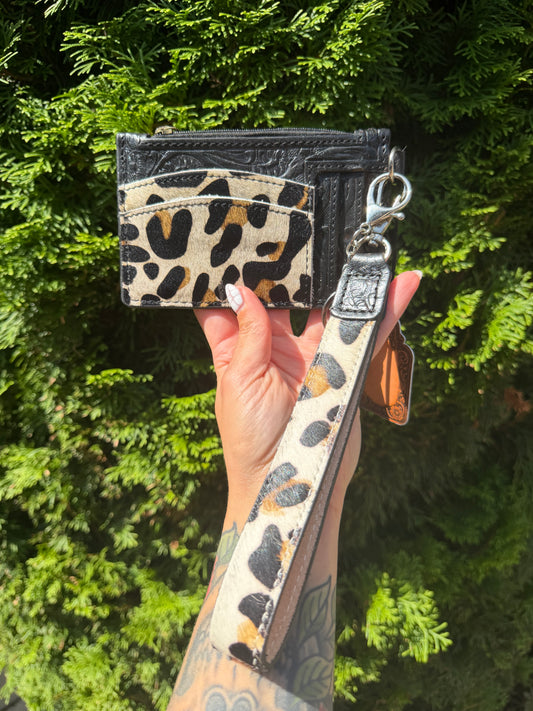 Leopard Cowhide & Tooled Leather Wristlet Wallet