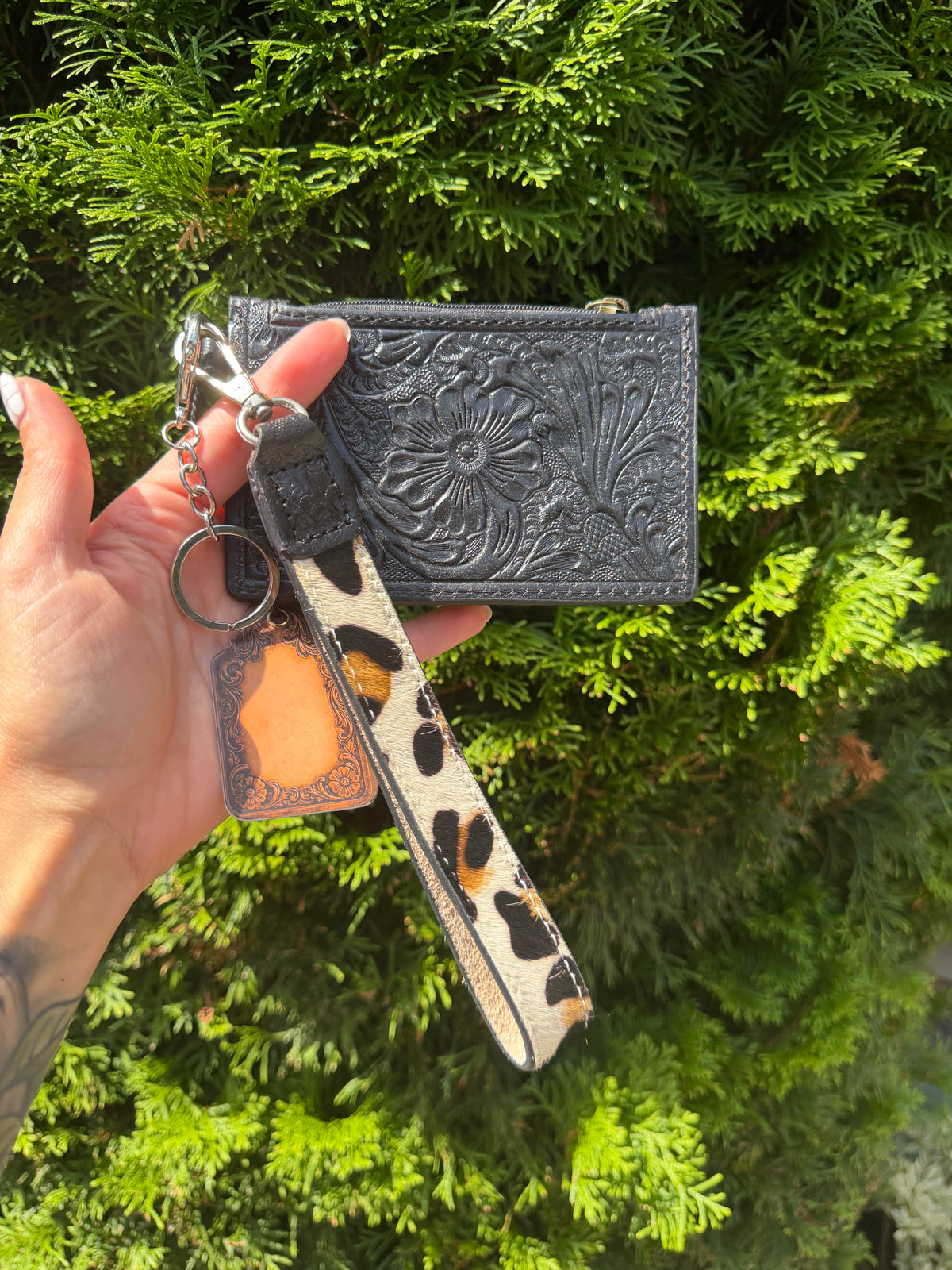 Leopard Cowhide & Tooled Leather Wristlet Wallet