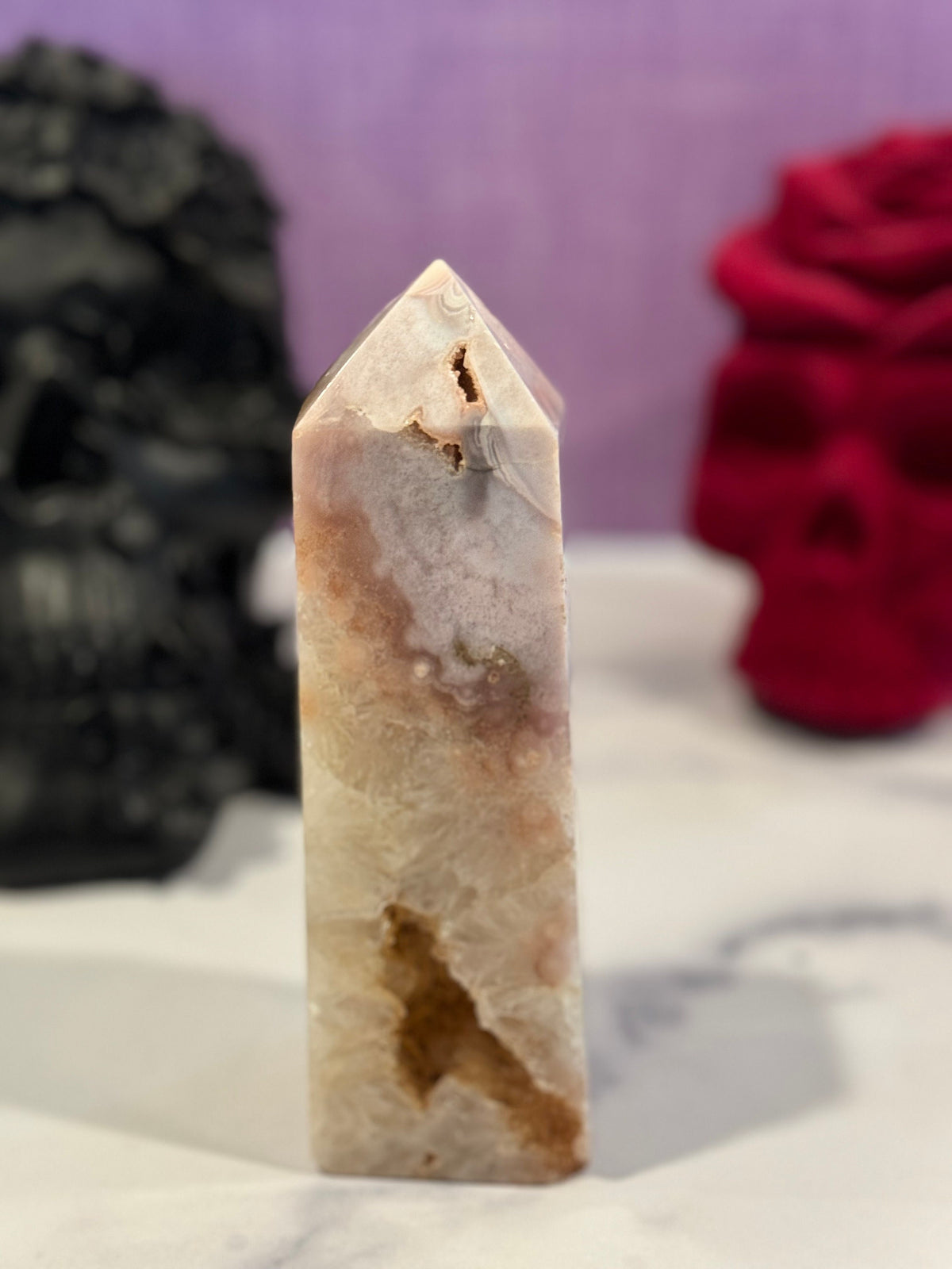 Pink Amethyst Flower Agate Druzy Crystal Tower • Polished Healing Stone Decor