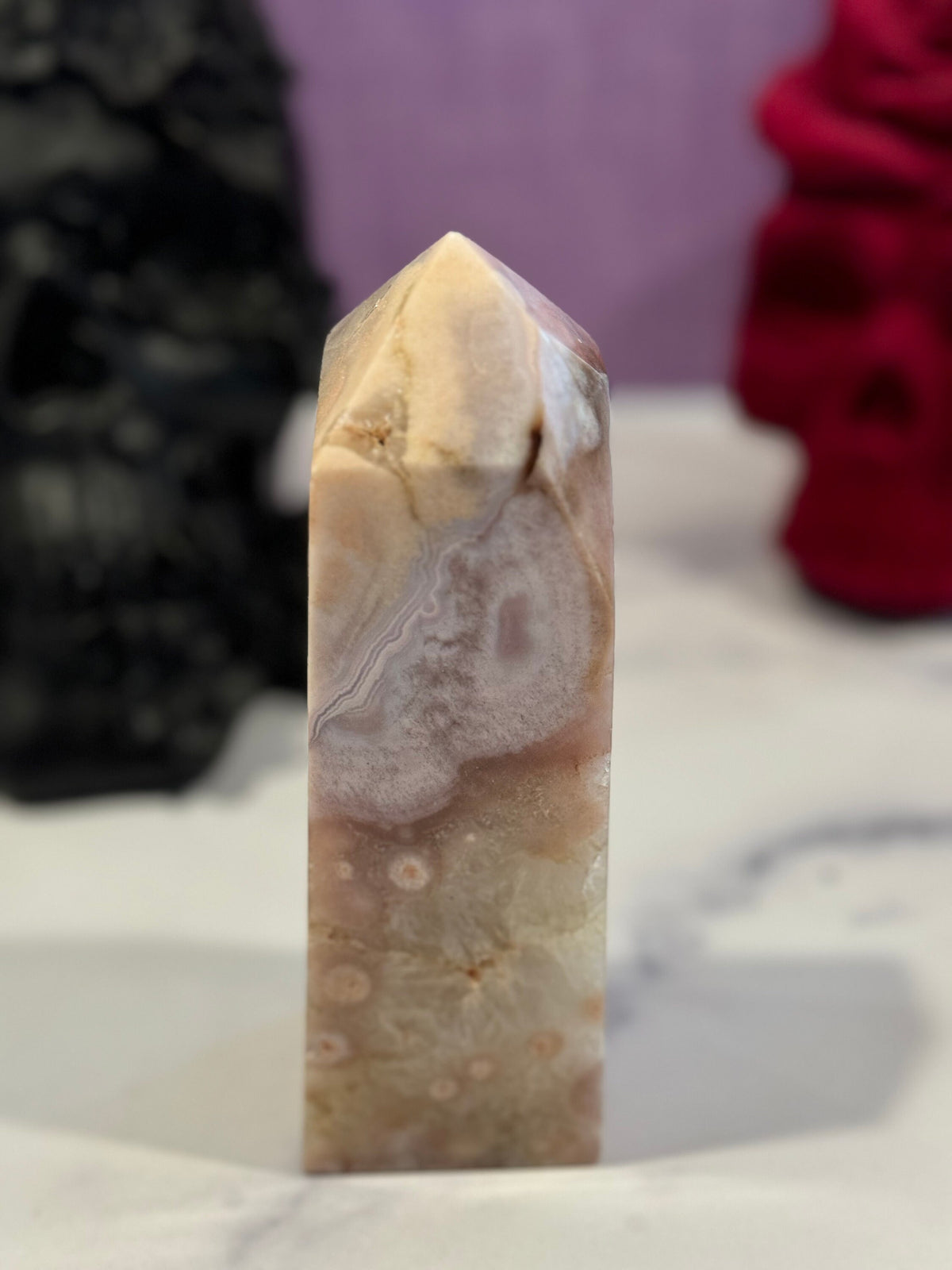Pink Amethyst Flower Agate Druzy Crystal Tower • Polished Healing Stone Decor