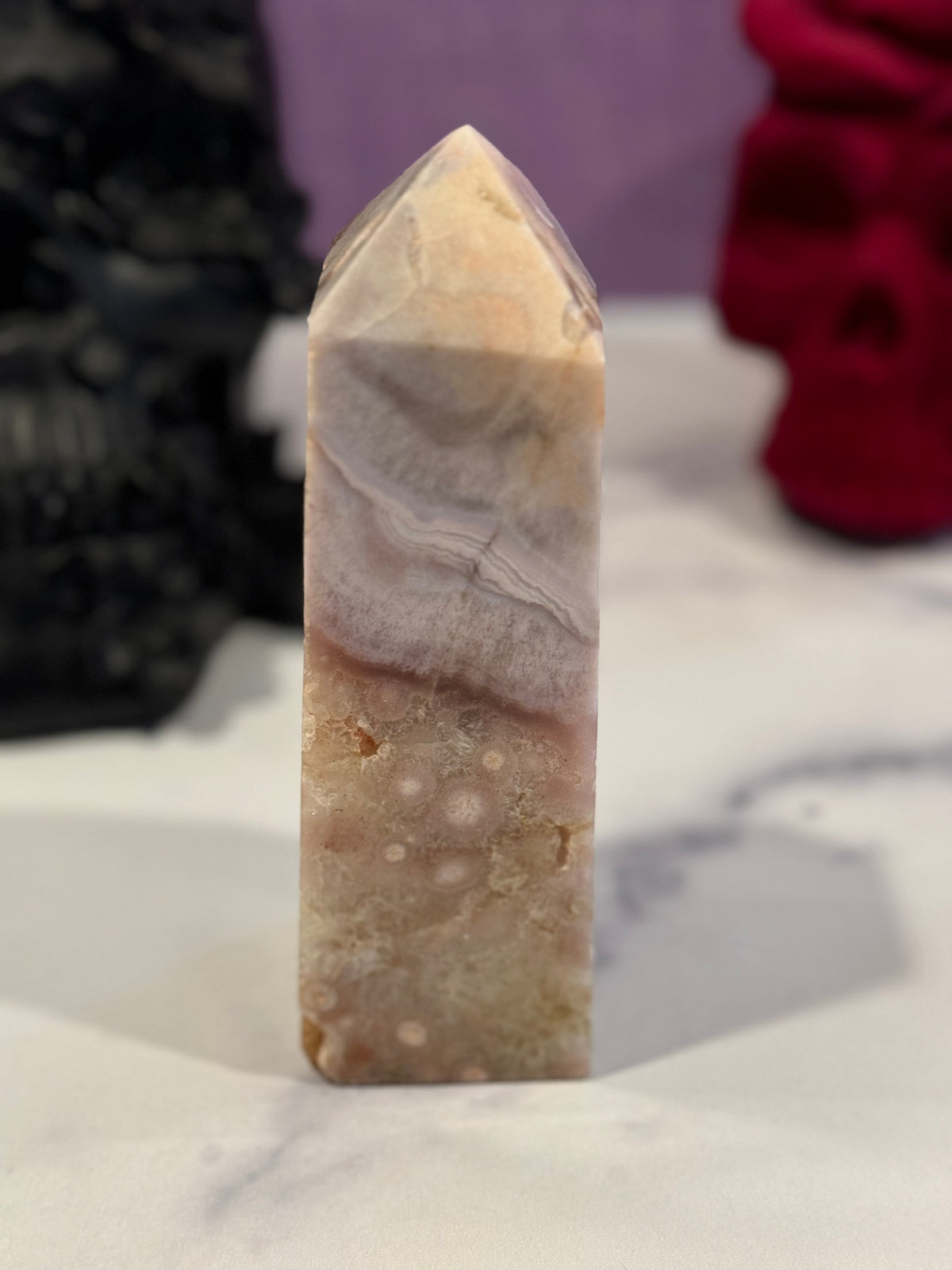 Pink Amethyst Flower Agate Druzy Crystal Tower • Polished Healing Stone Decor