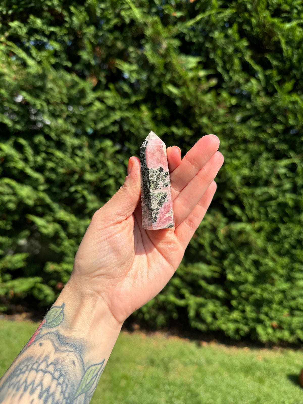 pink rhodocrosite crystal tower, pink black crystal tower