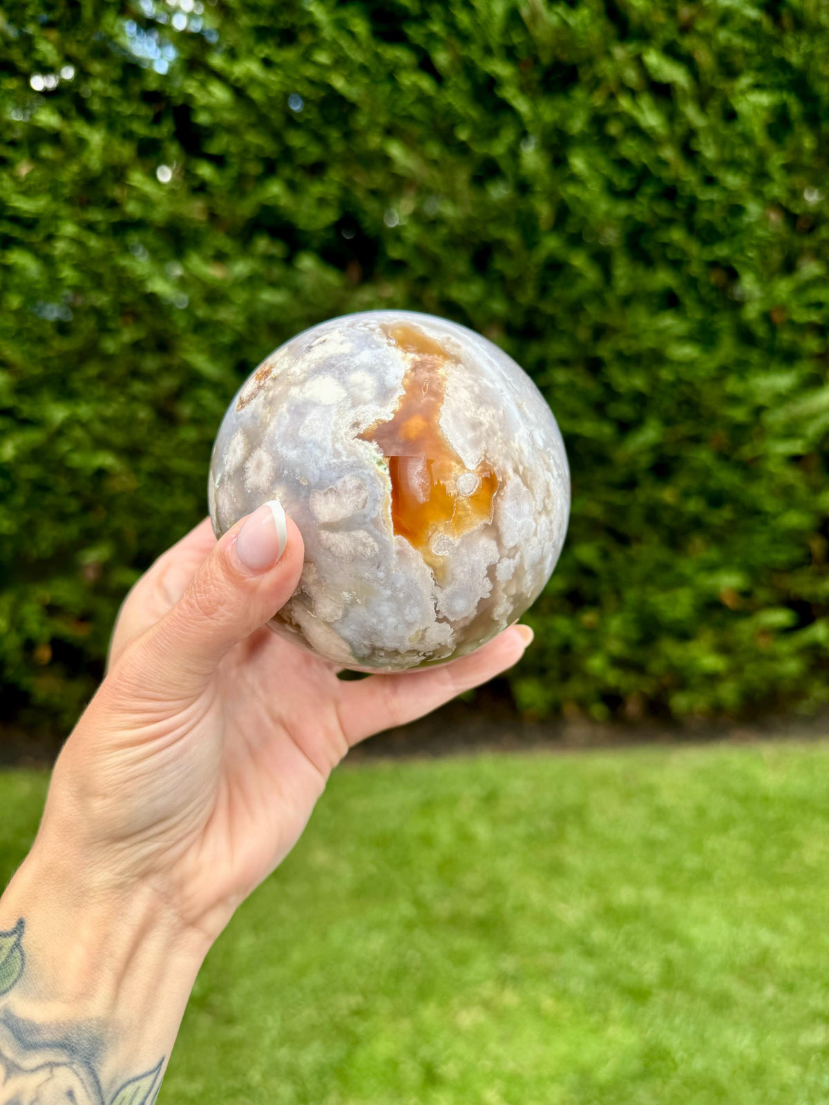 Flower Agate Crystal Sphere, Carnelian Amethyst Orb, Large Natural Stone Decor