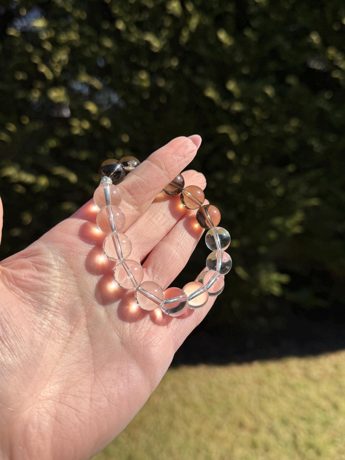 Clear Quartz & Smoky Quartz Crystal Stretch Beaded Bracelet • Gemstone Balance Energy (12.5mm)