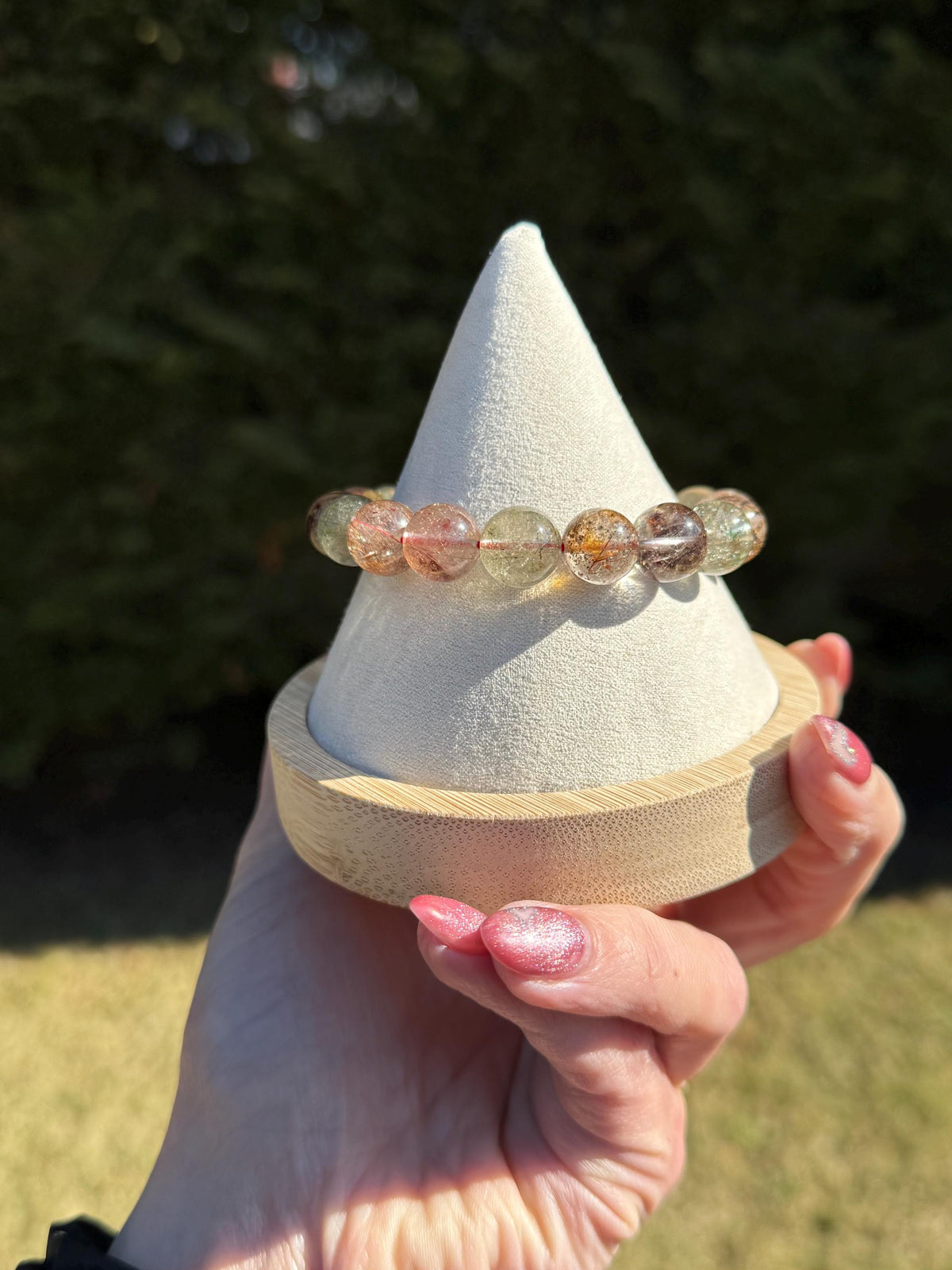 Garden Quartz Stretch Beaded Bracelet • Chlorite Inclusion Crystal Beaded Jewelry (11.5mm)