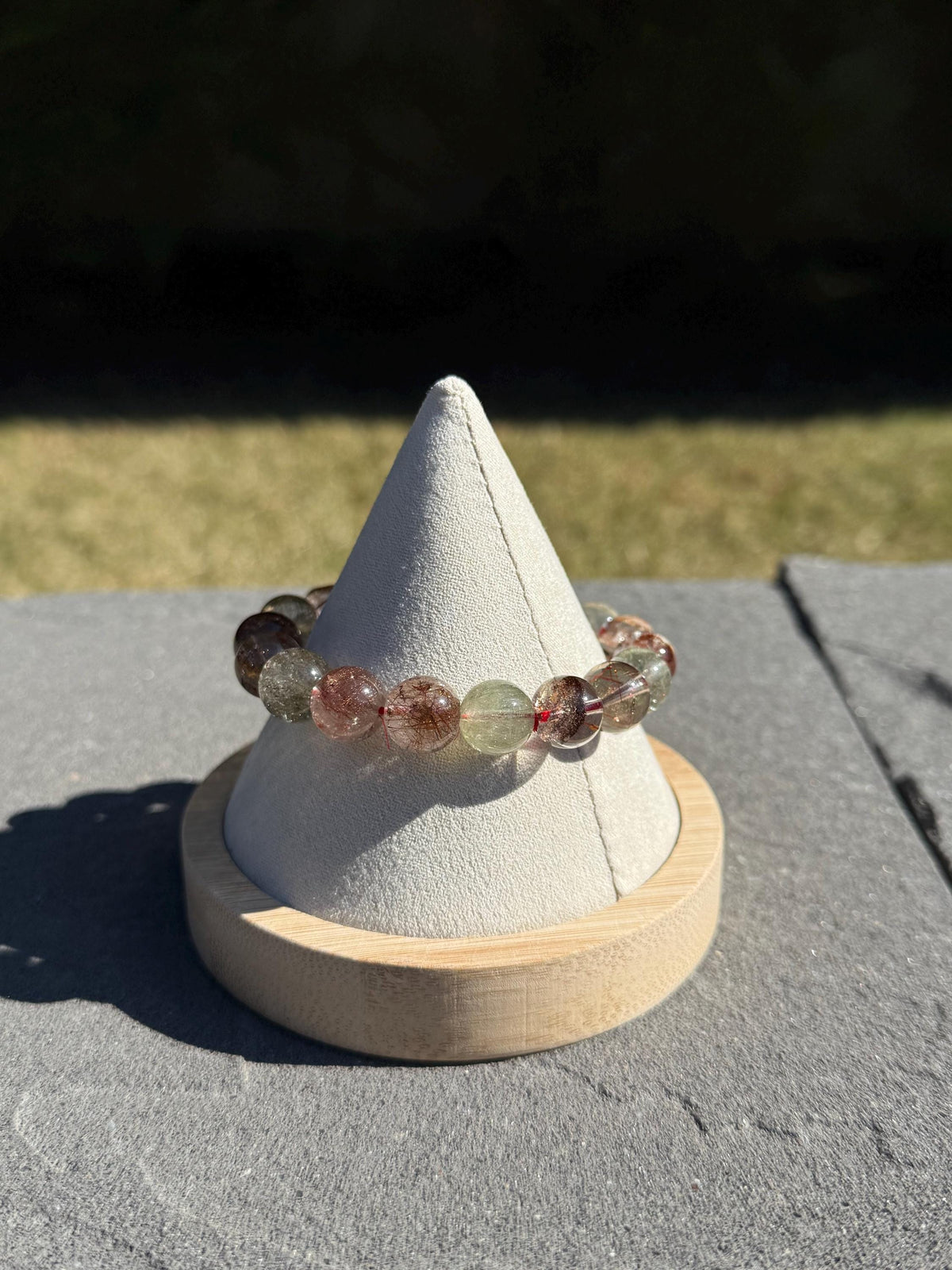 Garden Quartz Stretch Beaded Bracelet • Chlorite Inclusion Crystal Beaded Jewelry (11.5mm)