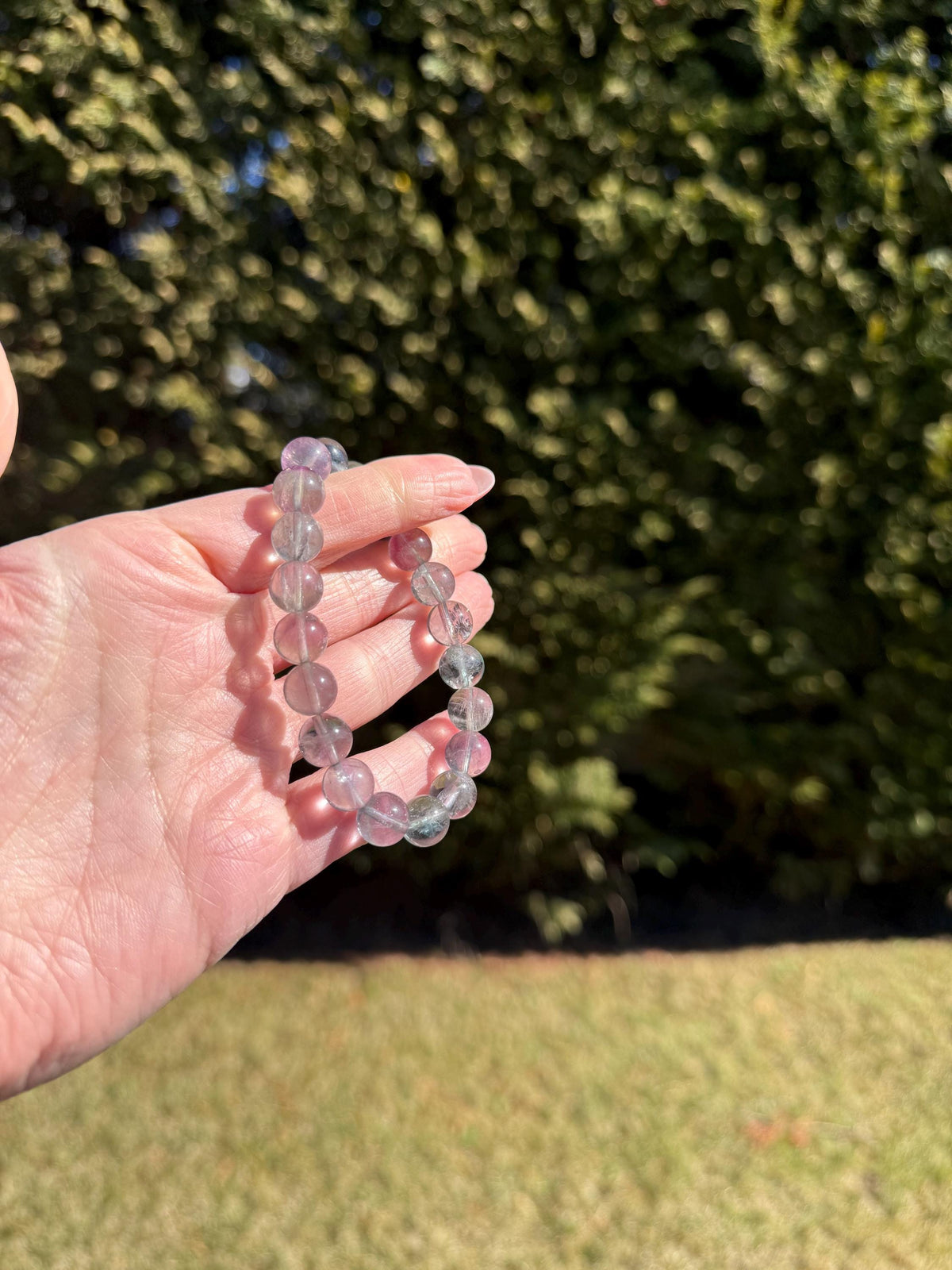 Banded Fluorite Crystal Beaded Stretch Bracelet • 9.5MM Purple Green Stone of Clarity, Intuition
