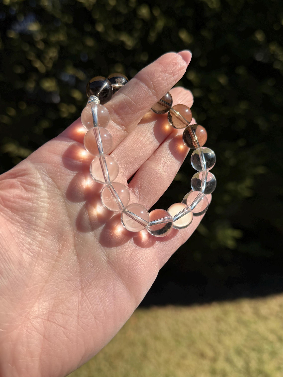Clear Quartz & Smoky Quartz Crystal Stretch Beaded Bracelet • Gemstone Balance Energy (12.5mm)