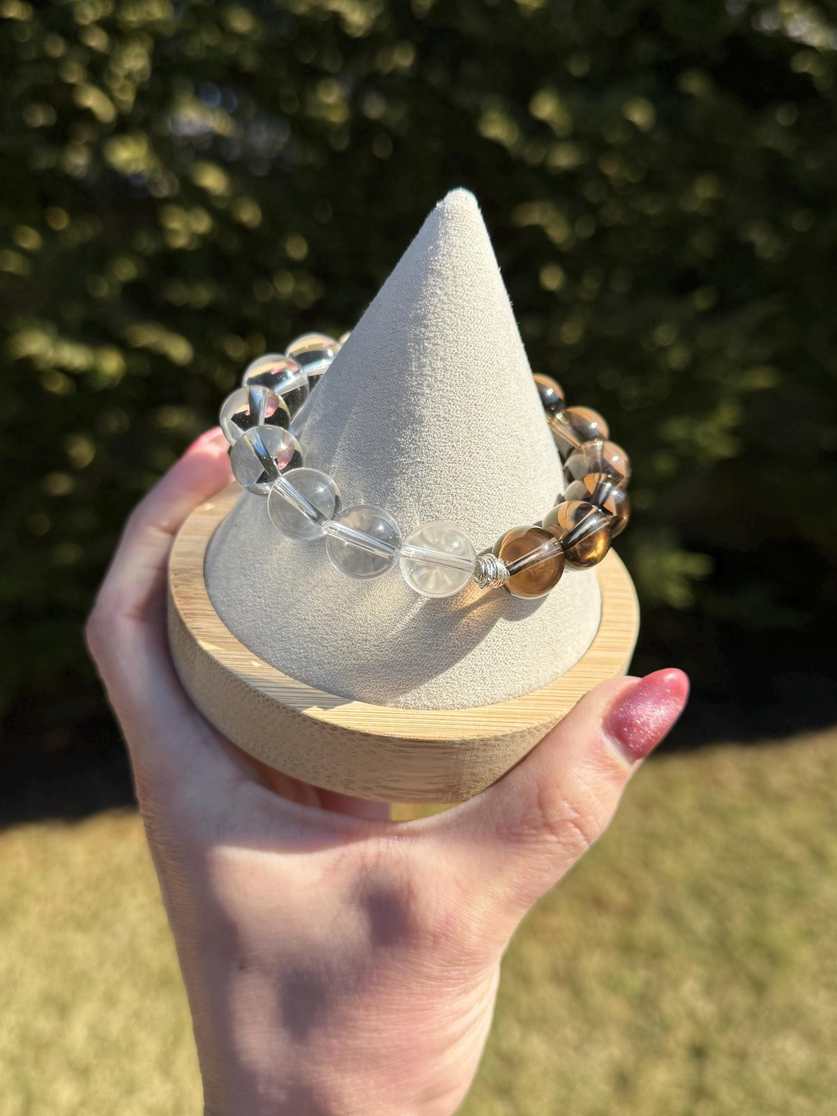 Clear Quartz & Smoky Quartz Crystal Stretch Beaded Bracelet • Gemstone Balance Energy (12.5mm)