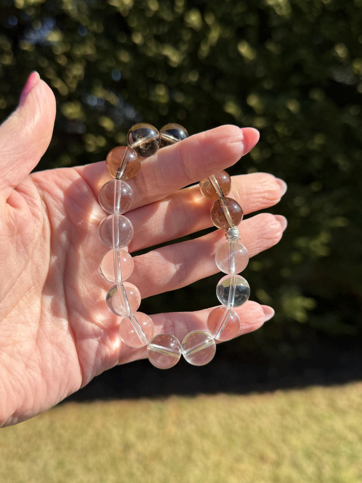 Clear Quartz & Smoky Quartz Crystal Stretch Beaded Bracelet • Gemstone Balance Energy (12.5mm)