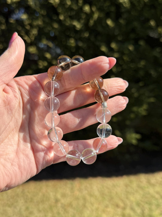 Clear Quartz & Smoky Quartz Crystal Stretch Beaded Bracelet • Gemstone Balance Energy (12.5mm)