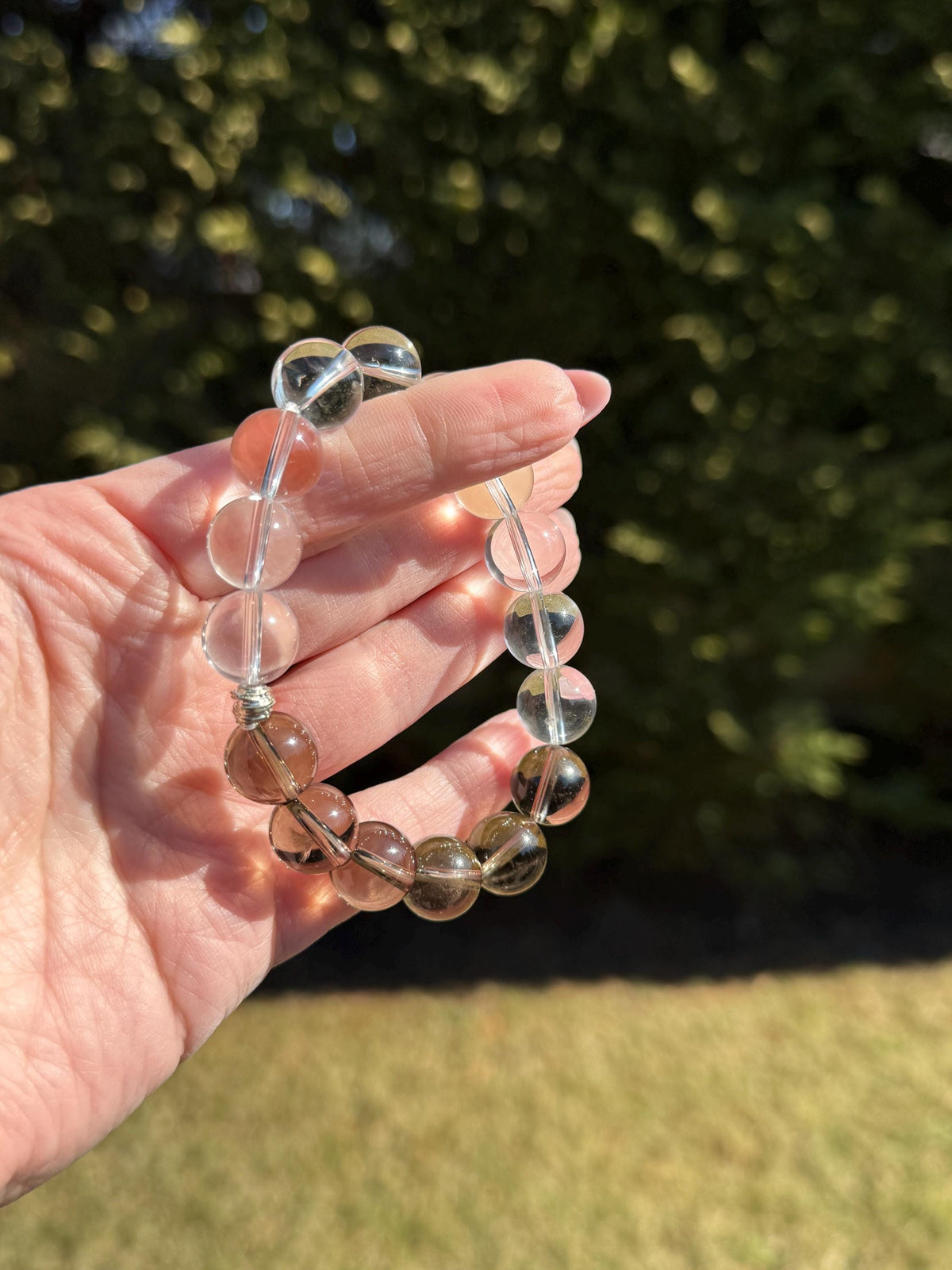 Clear Quartz & Smoky Quartz Crystal Stretch Beaded Bracelet • Gemstone Balance Energy (12.5mm)