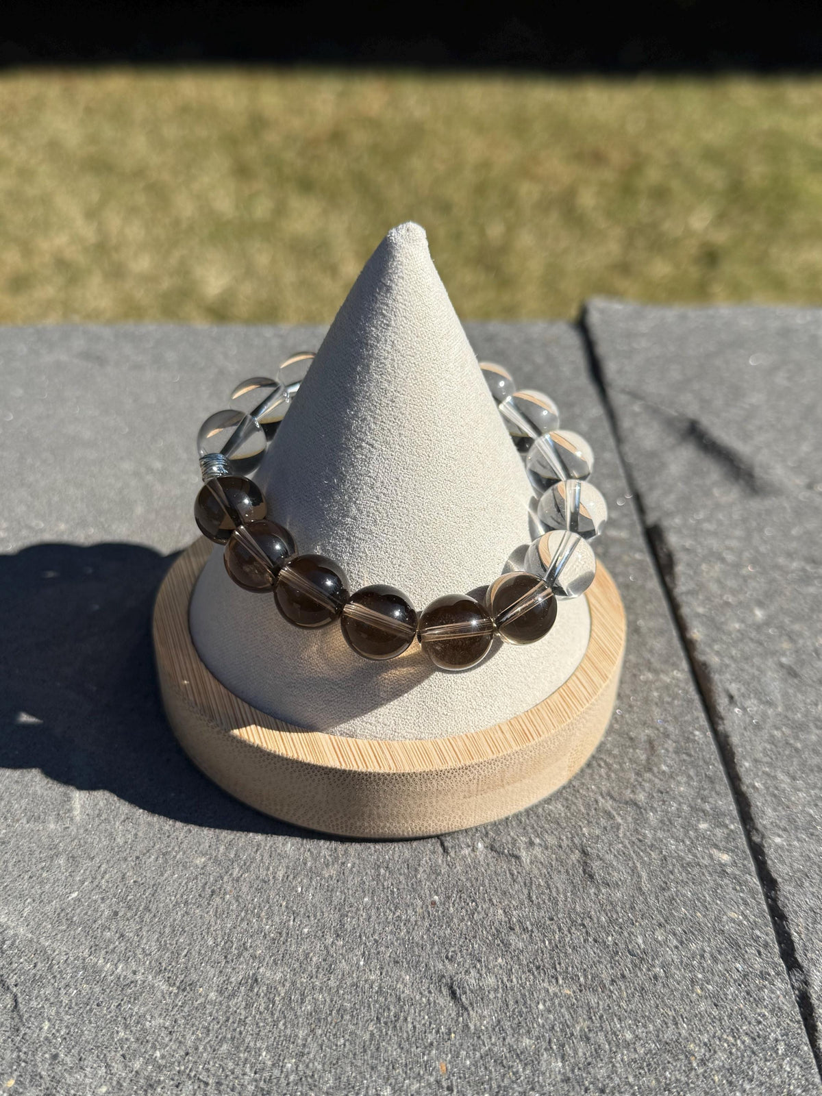 Clear Quartz & Smoky Quartz Crystal Stretch Beaded Bracelet • Gemstone Balance Energy (12.5mm)
