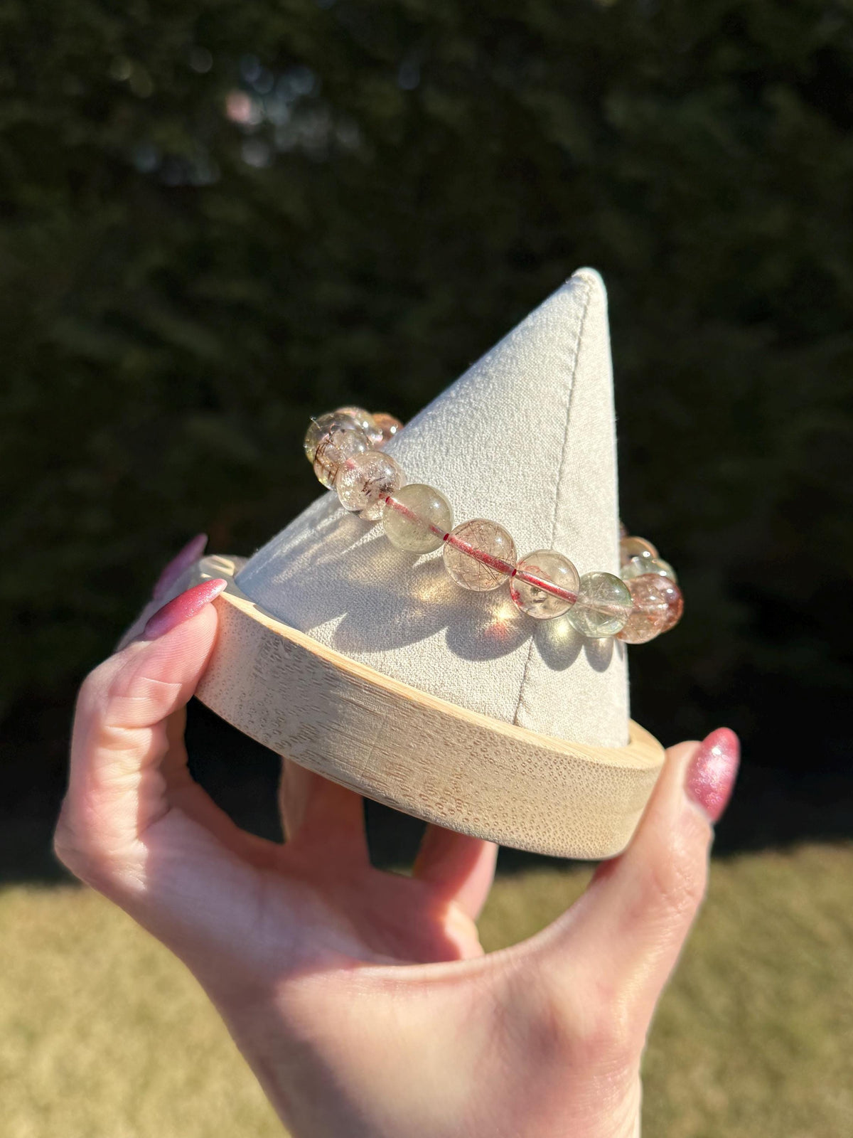 Garden Quartz Stretch Beaded Bracelet • Chlorite Inclusion Crystal Beaded Jewelry (11.5mm)