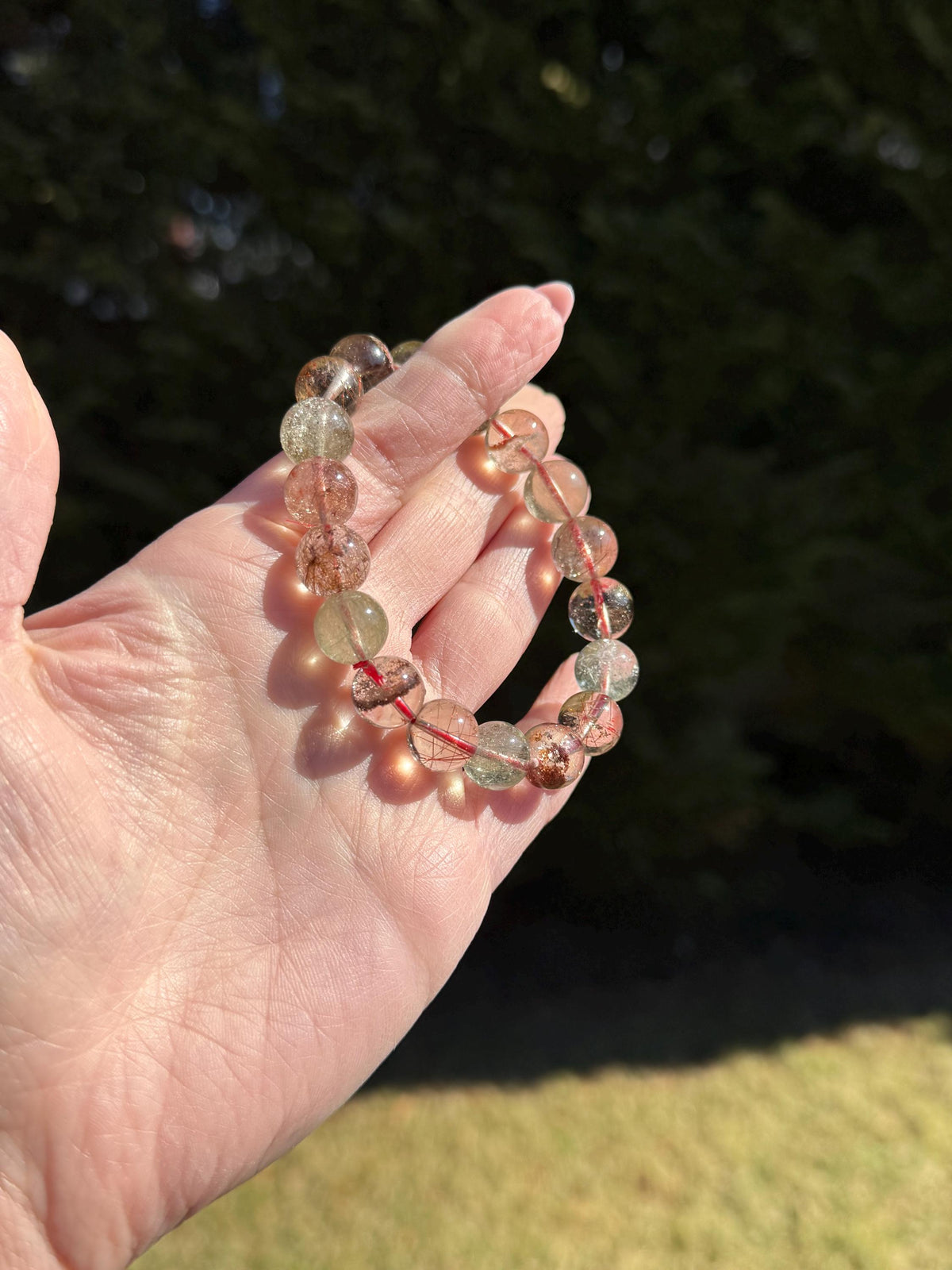 Garden Quartz Stretch Beaded Bracelet • Chlorite Inclusion Crystal Beaded Jewelry (11.5mm)