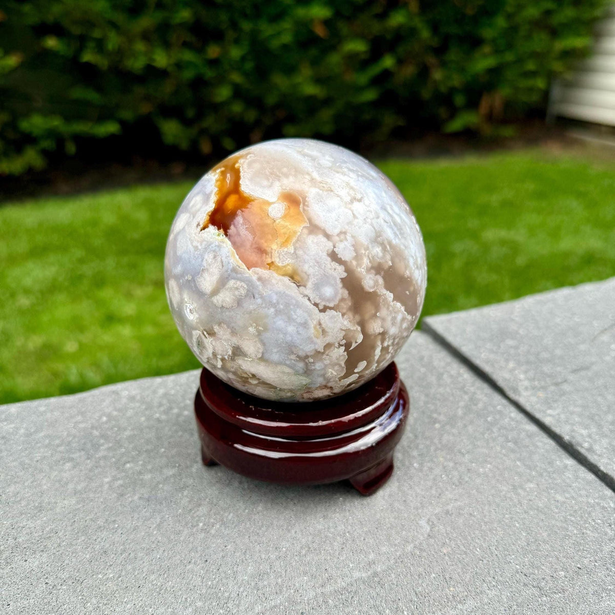 Pink Purple Amethyst 87MM Crystal Sphere w/ Carnelian, Green Flower Agate, Healing Crystal Ball, Spiritual Energy Stone, Flower Agate Sphere