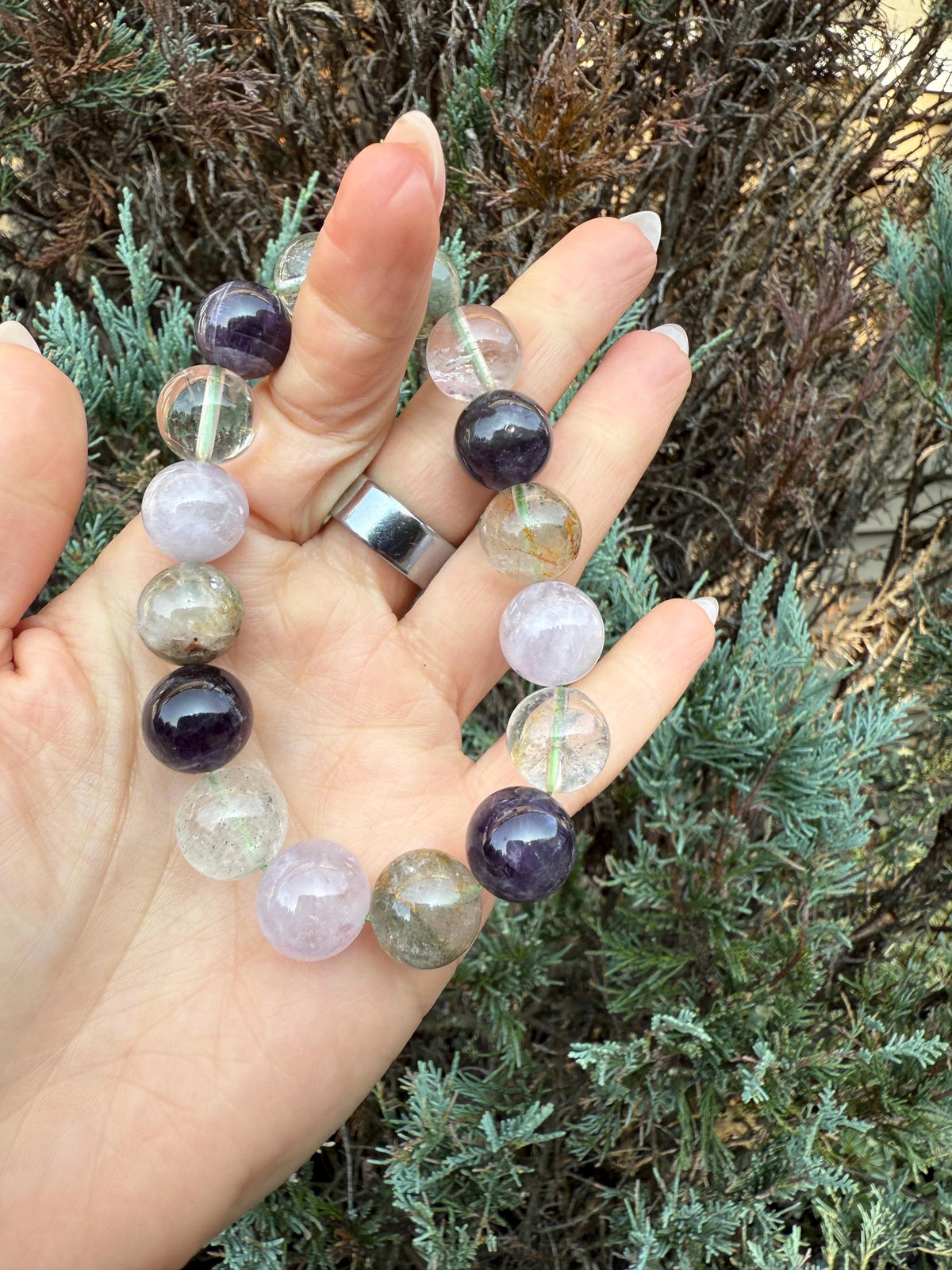 Garden Quartz, Purple Amethyst, and Rose Quartz 14mm Gemstone Bracelet Balance Energy