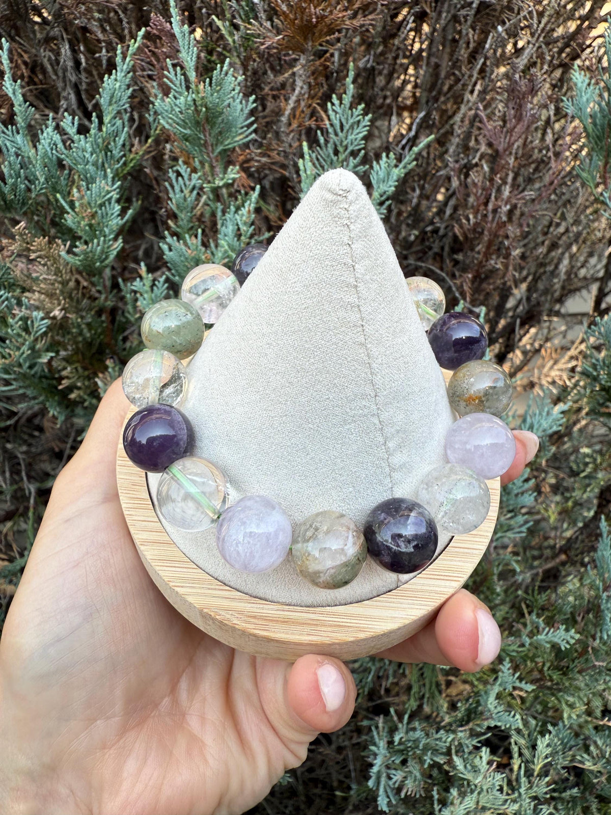 Garden Quartz, Purple Amethyst, and Rose Quartz 14mm Gemstone Bracelet Balance Energy