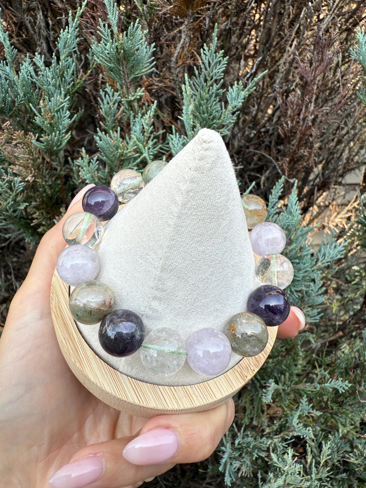 Garden Quartz, Purple Amethyst, and Rose Quartz 14mm Gemstone Bracelet Balance Energy