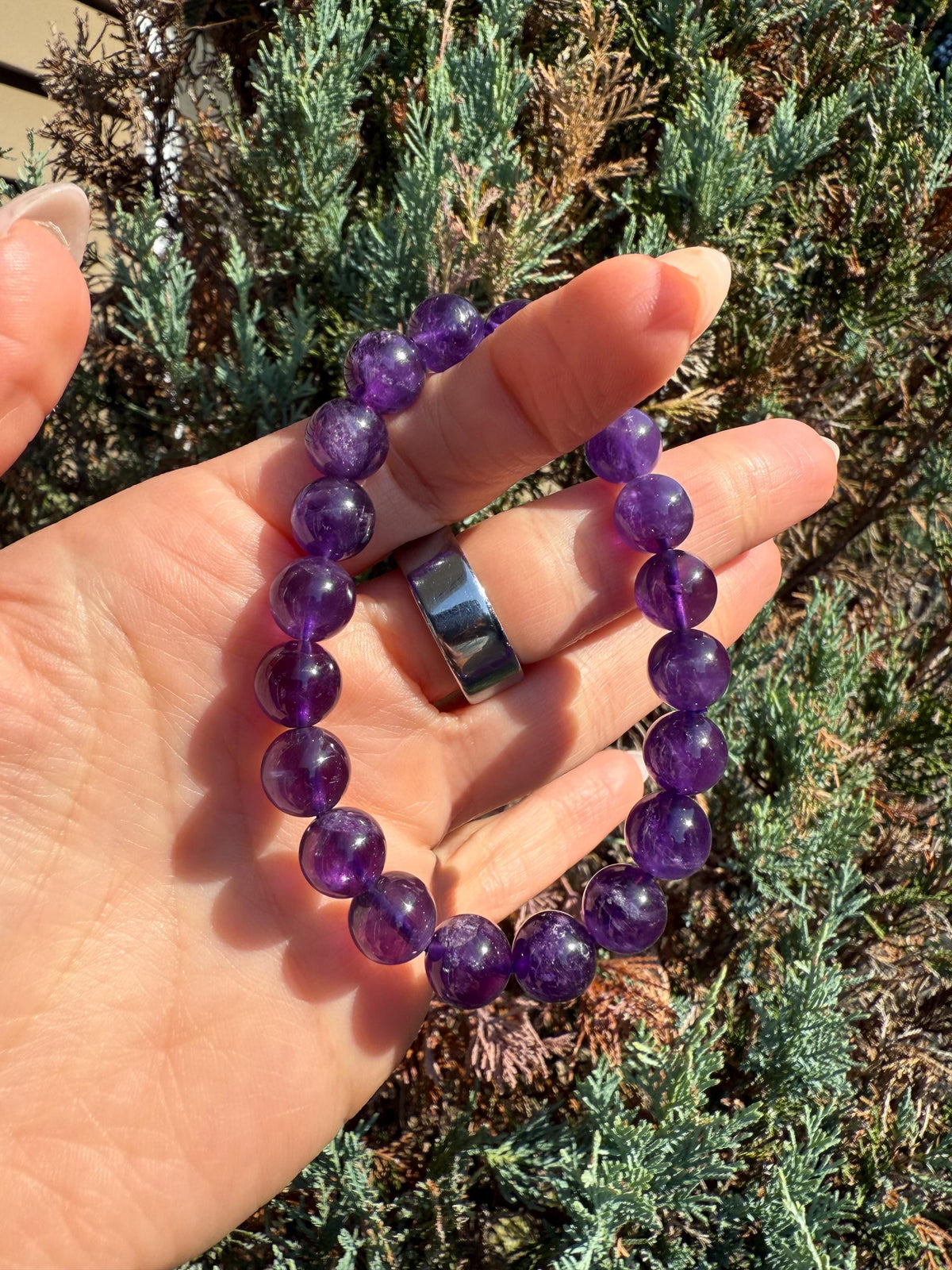 Natural Purple Amethyst 10mm Crystal Stretch Bracelet, Crown Chakra Meditation Jewelry