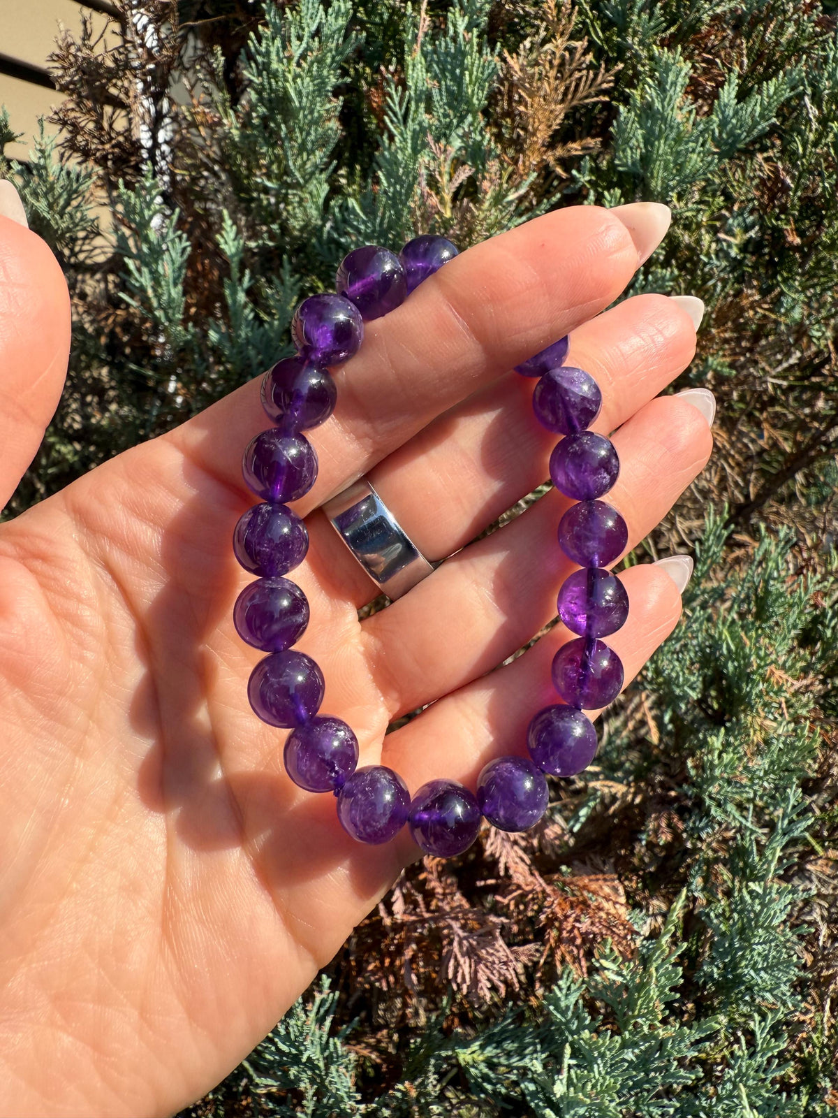 Natural Purple Amethyst 10mm Crystal Stretch Bracelet, Crown Chakra Meditation Jewelry