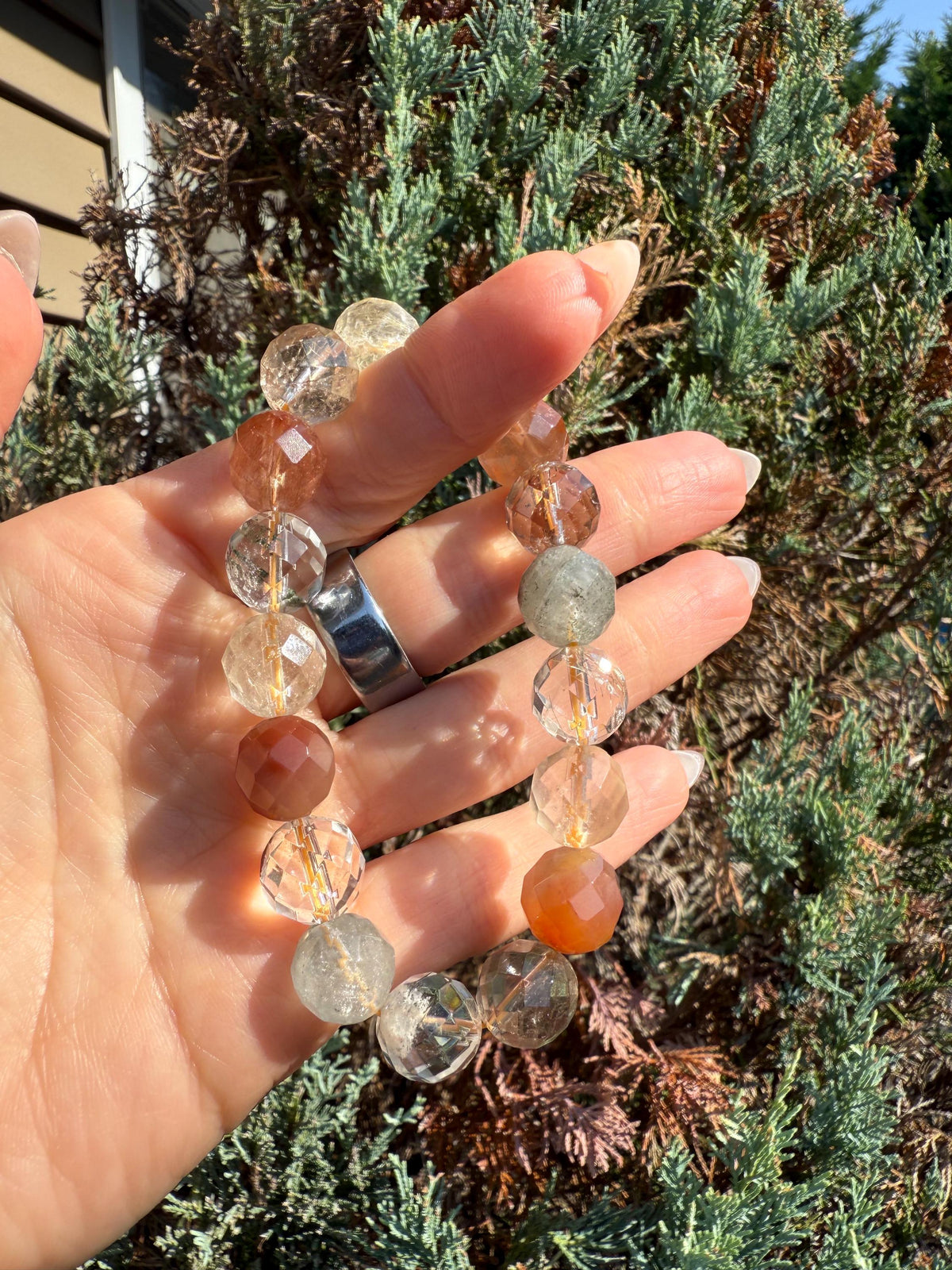 Faceted Garden Quartz Stretch Bracelet, Natural Gemstone Grounding Jewelry, Earth Energy (11mm Beads)