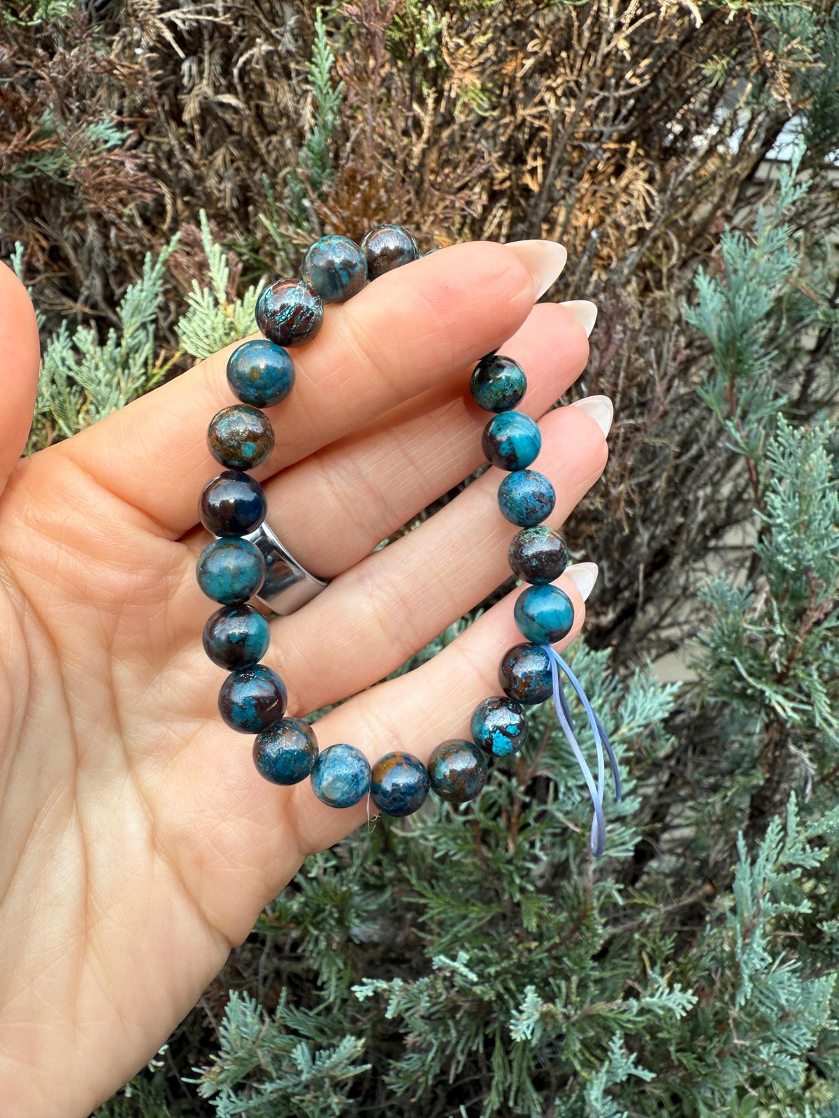 Azurite Chrysocolla Malachite Beaded Stretch Bracelet, Natural Gemstone Healing Jewelry