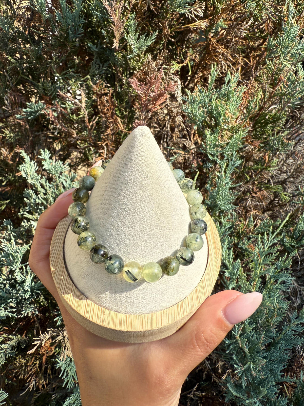 Prehnite & Epidote Crystal Beaded Stretch Bracelet: Natural Gemstone, Heart Chakra