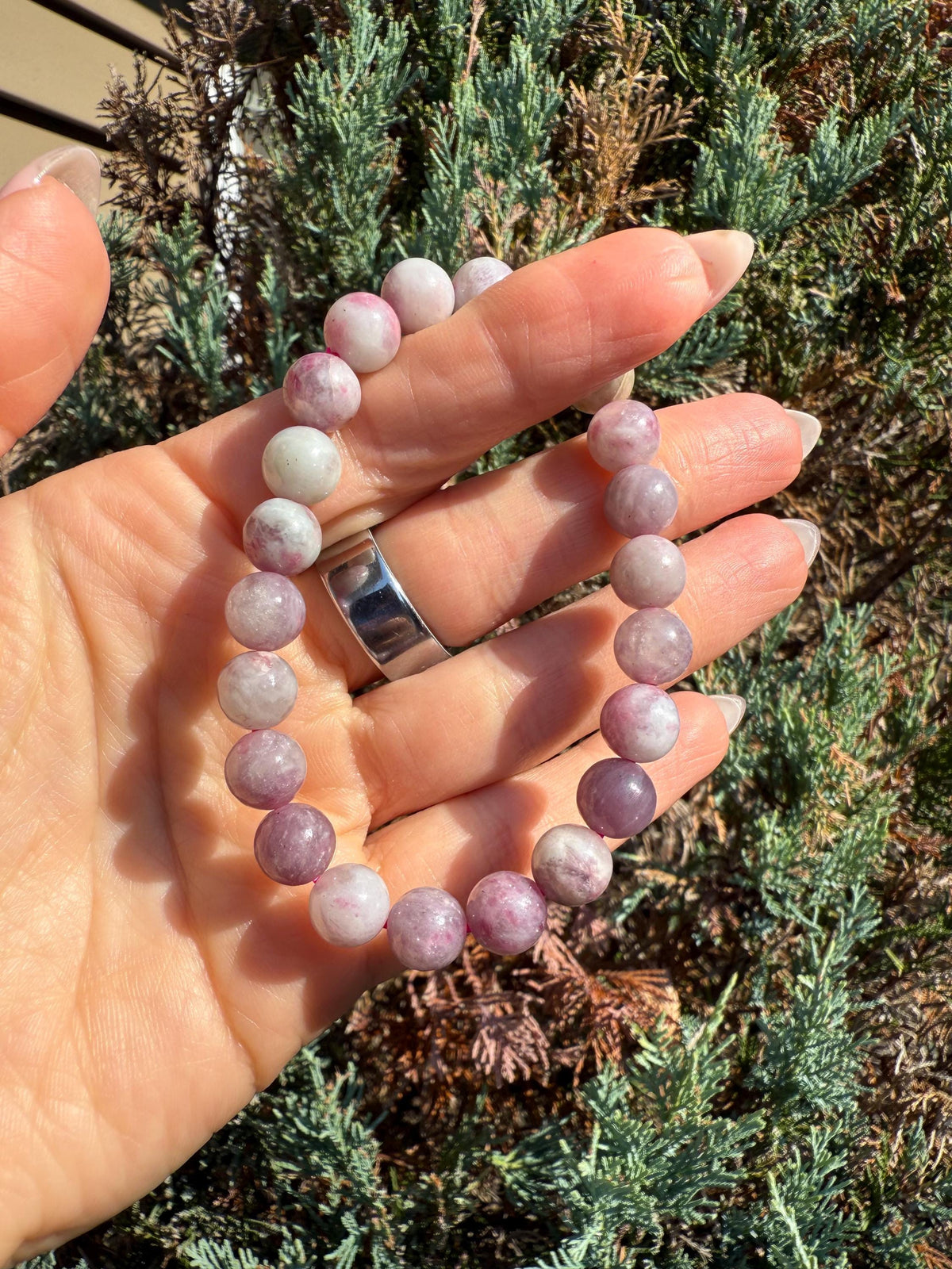 Unicorn Stone Stretch Beaded Bracelet: Lepidolite, Tourmaline, Quartz Crystal (9mm)