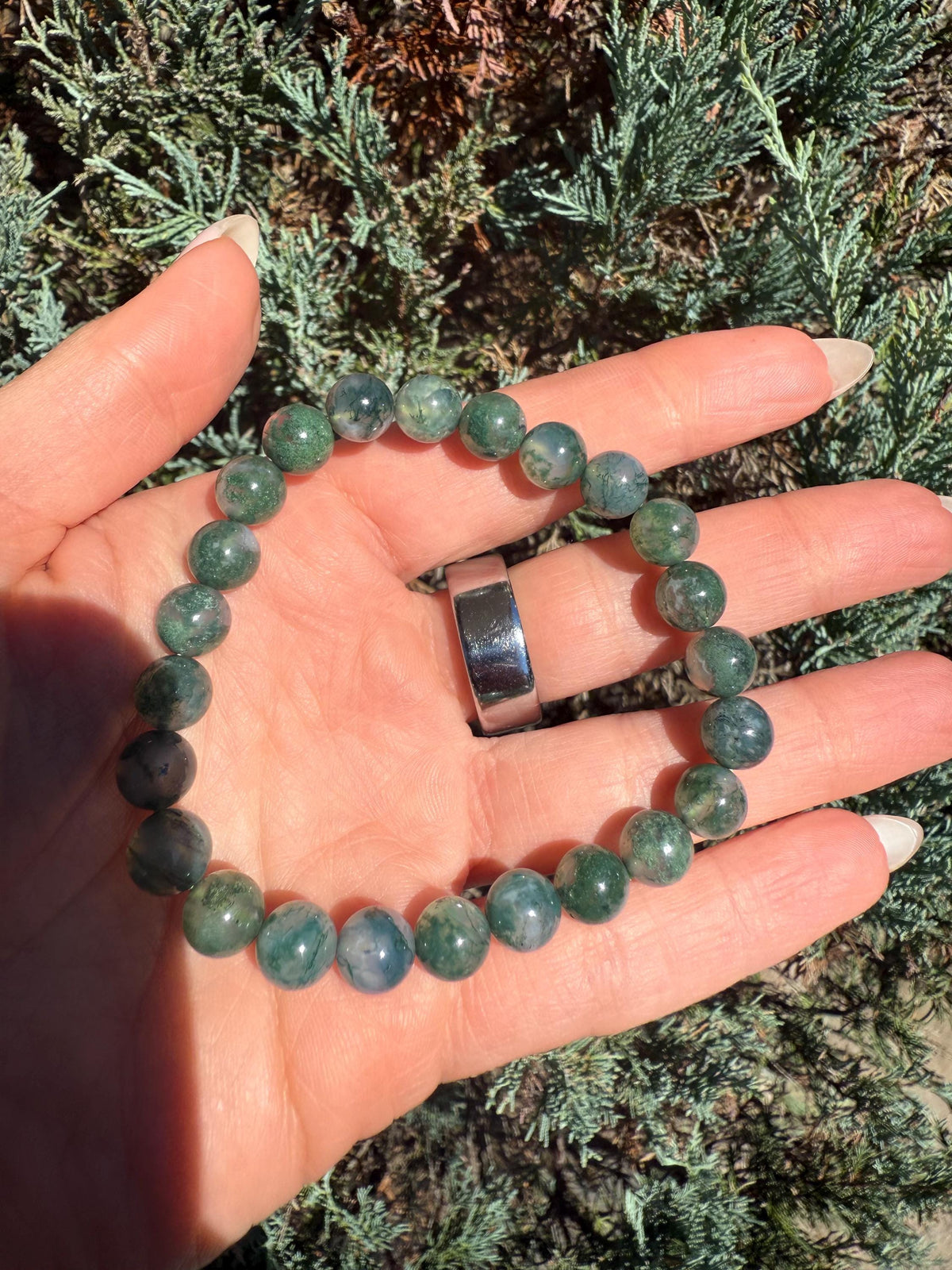 Moss Agate Stretch Beaded Bracelet, Grounding Crystal Healing Jewelry (9mm)