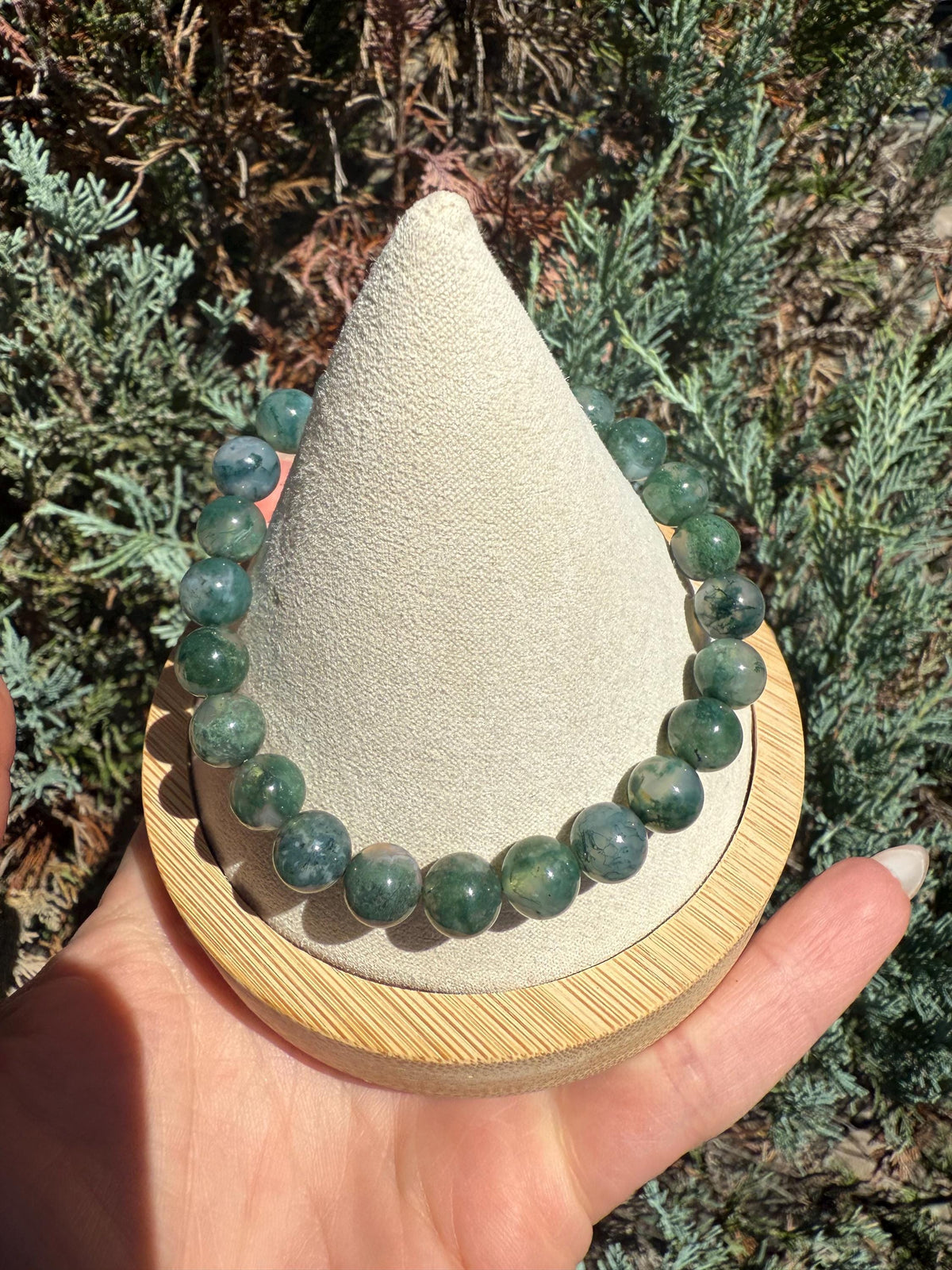 Moss Agate Stretch Beaded Bracelet, Grounding Crystal Healing Jewelry (9mm)