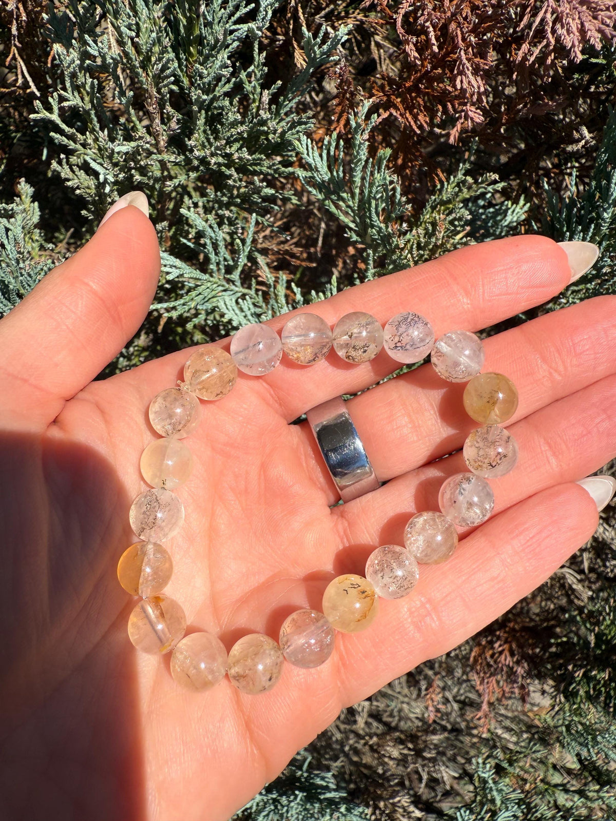 Dendritic Quartz with Gold Healer Inclusions Stretch Beaded Bracelet, Crystal Beaded Jewelry (9mm)