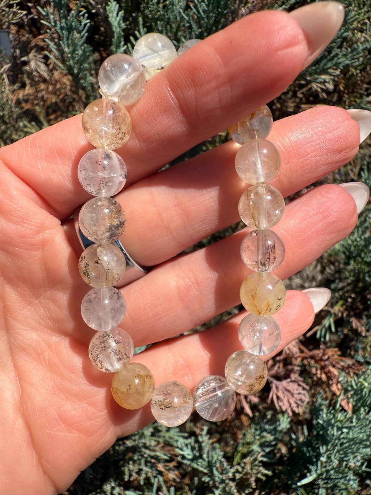 Dendritic Quartz with Gold Healer Inclusions Stretch Beaded Bracelet, Crystal Beaded Jewelry (9mm)
