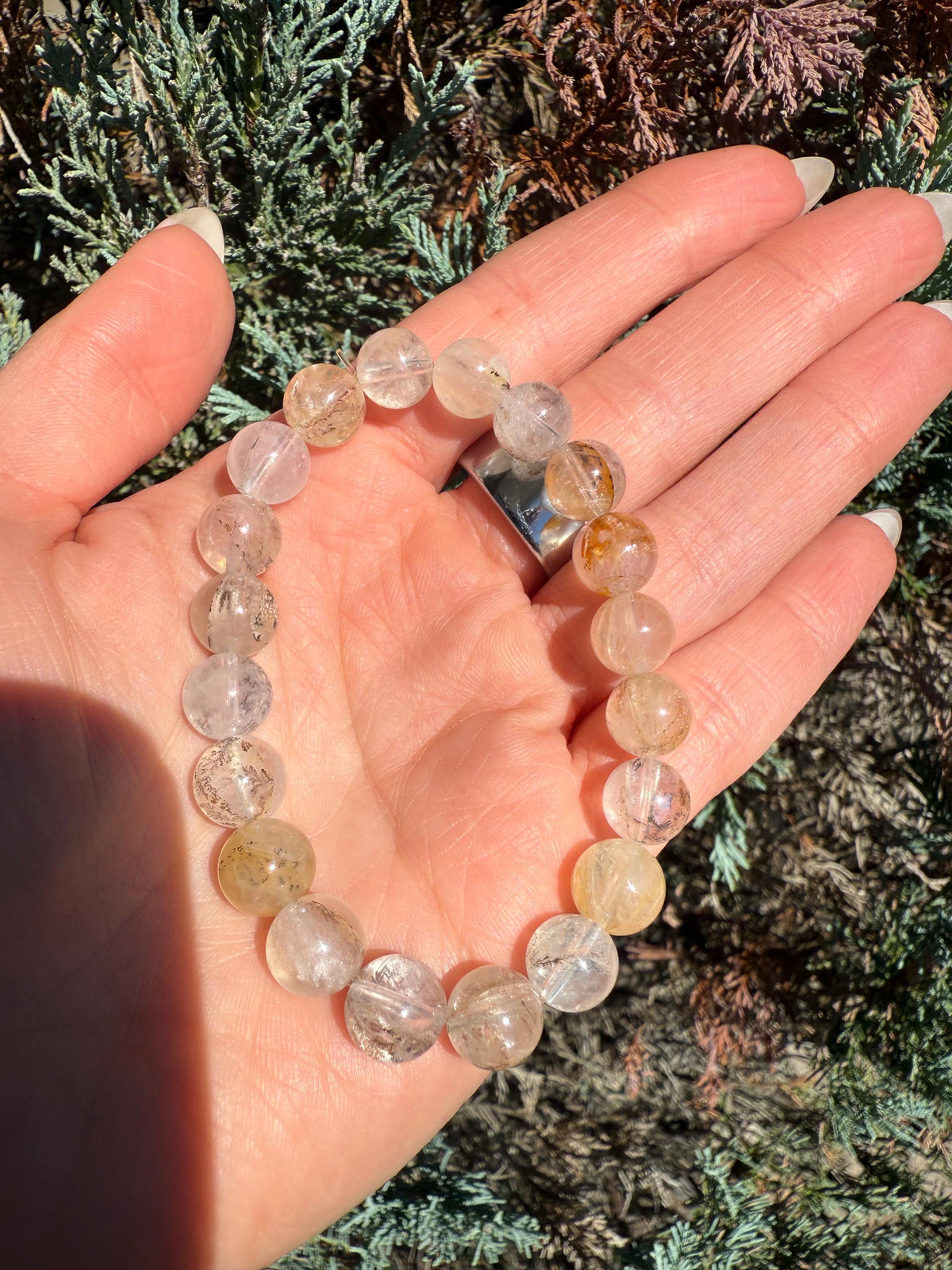 Dendritic Quartz with Gold Healer Inclusions Stretch Beaded Bracelet, Crystal Beaded Jewelry (9mm)