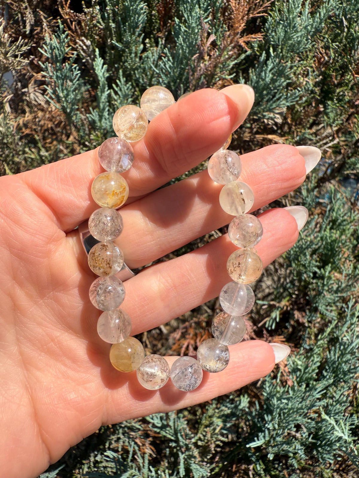 Dendritic Quartz with Gold Healer Inclusions Stretch Beaded Bracelet, Crystal Beaded Jewelry (9mm)