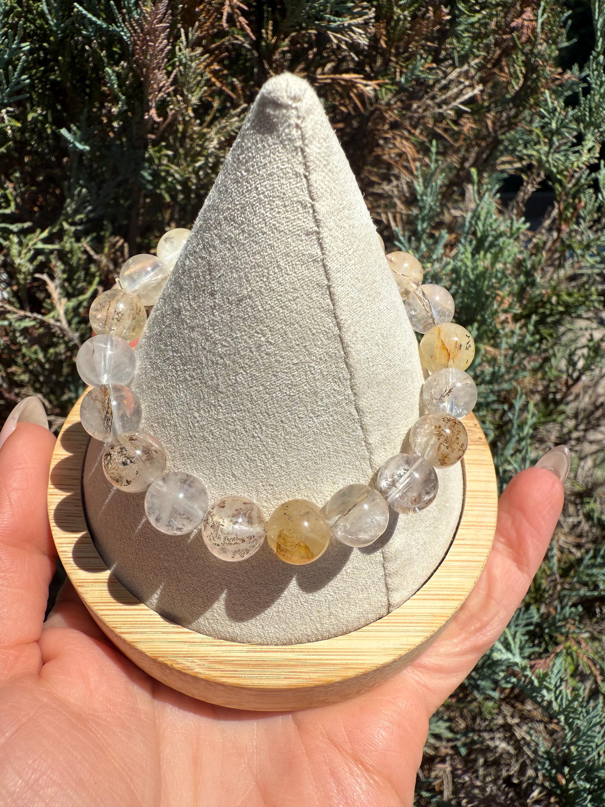 Dendritic Quartz with Gold Healer Inclusions Stretch Beaded Bracelet, Crystal Beaded Jewelry (9mm)