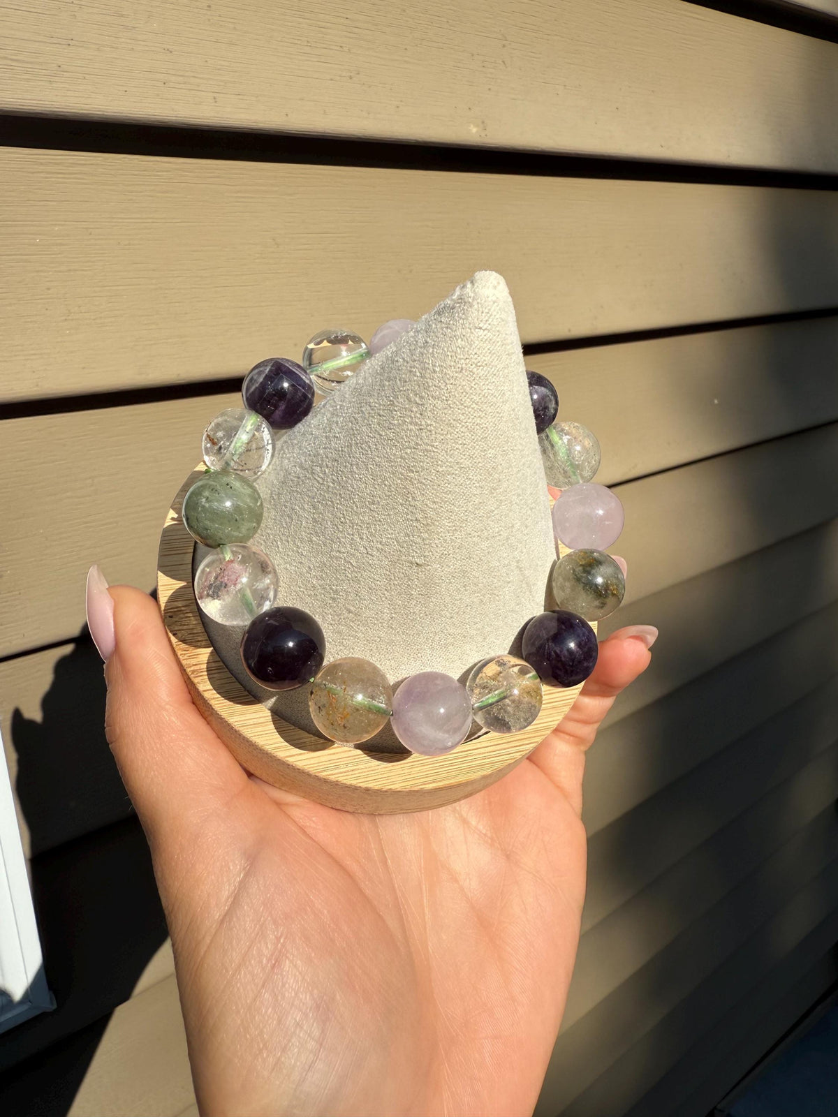 Garden Quartz, Purple Amethyst, and Rose Quartz 14mm Gemstone Bracelet Balance Energy