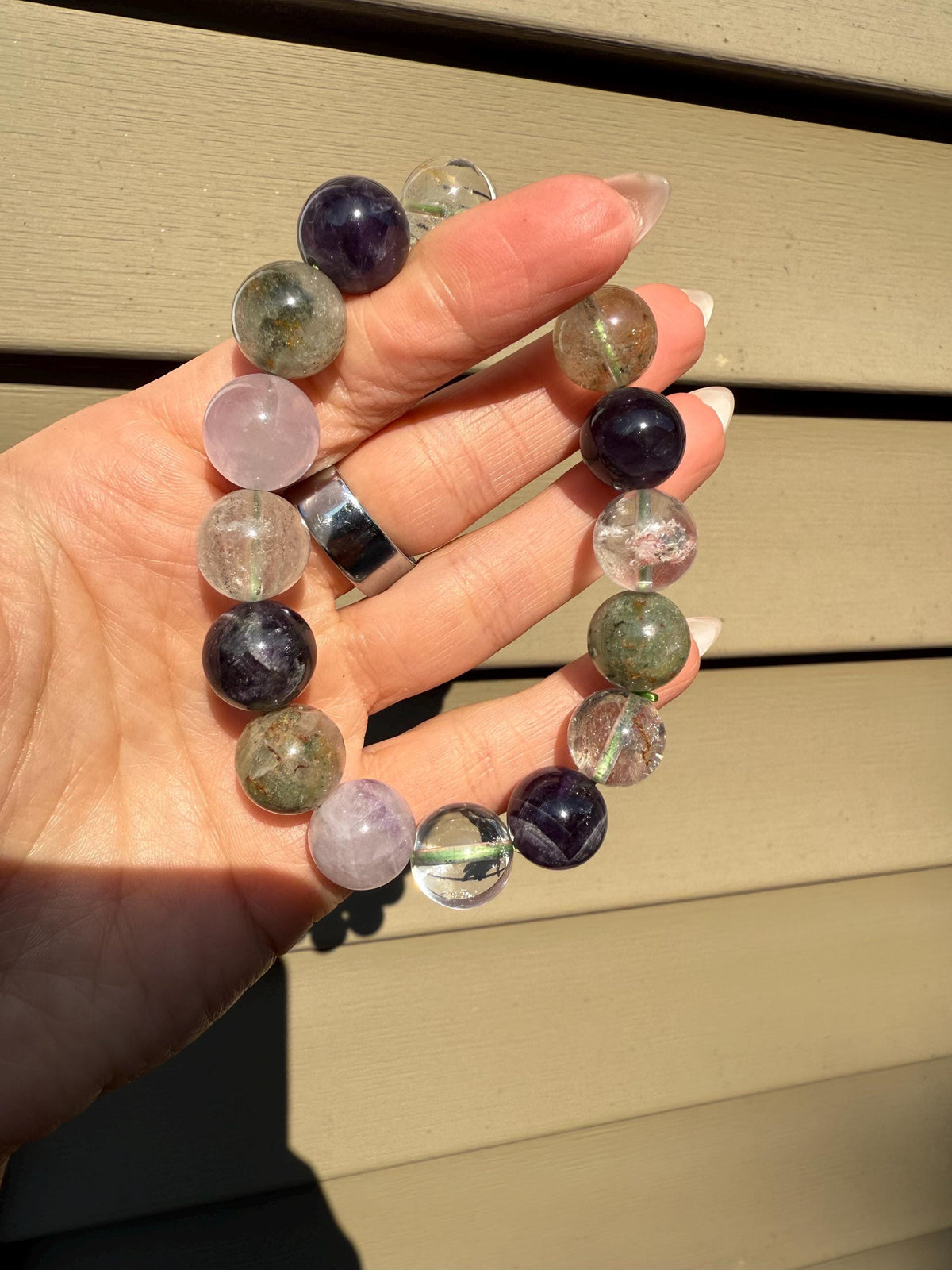 Garden Quartz, Purple Amethyst, and Rose Quartz 14mm Gemstone Bracelet Balance Energy