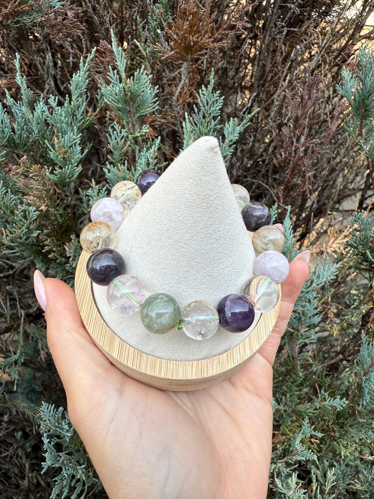 Garden Quartz, Purple Amethyst, and Rose Quartz 14mm Gemstone Bracelet Balance Energy