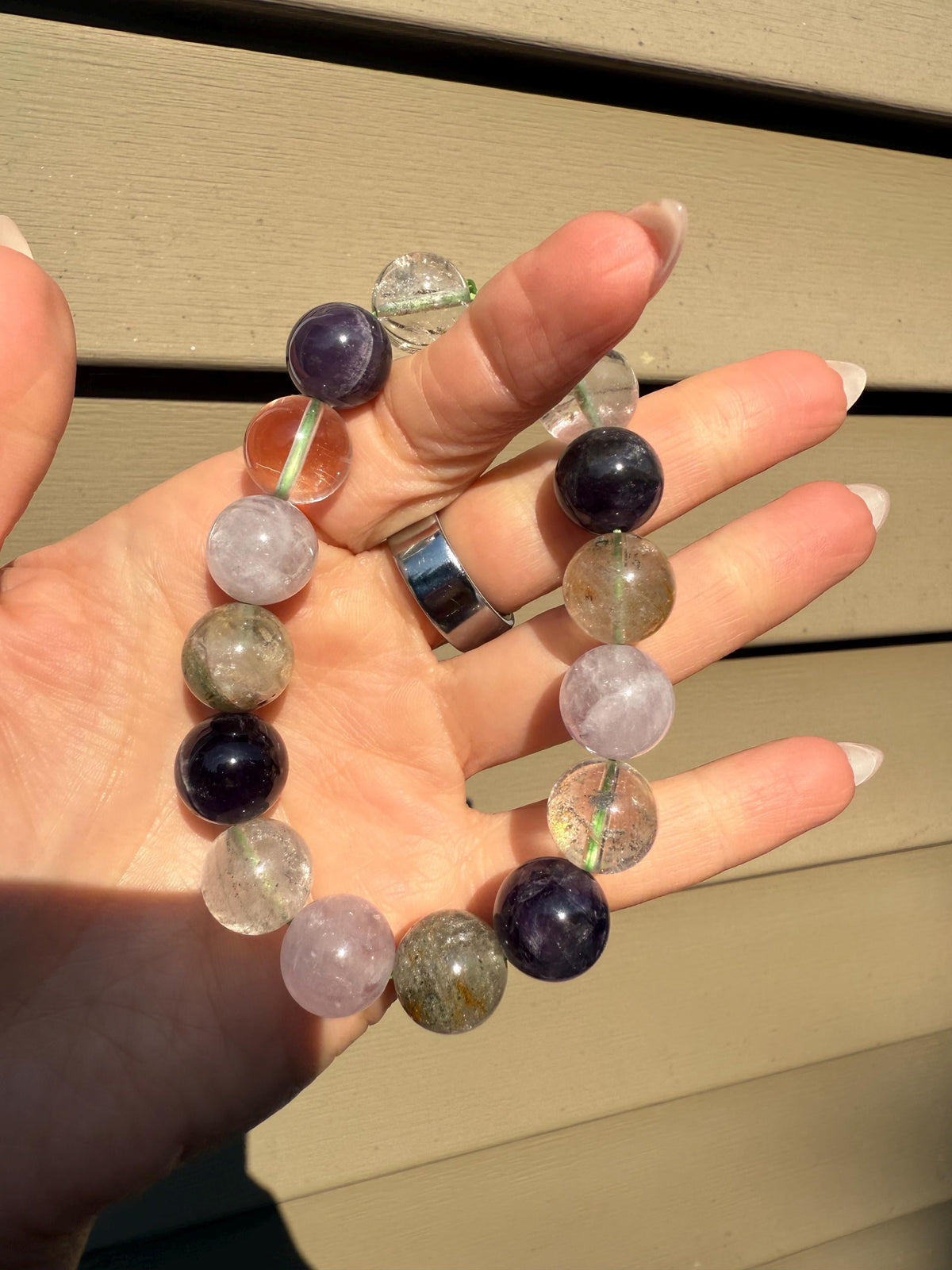 Garden Quartz, Purple Amethyst, and Rose Quartz 14mm Gemstone Bracelet Balance Energy